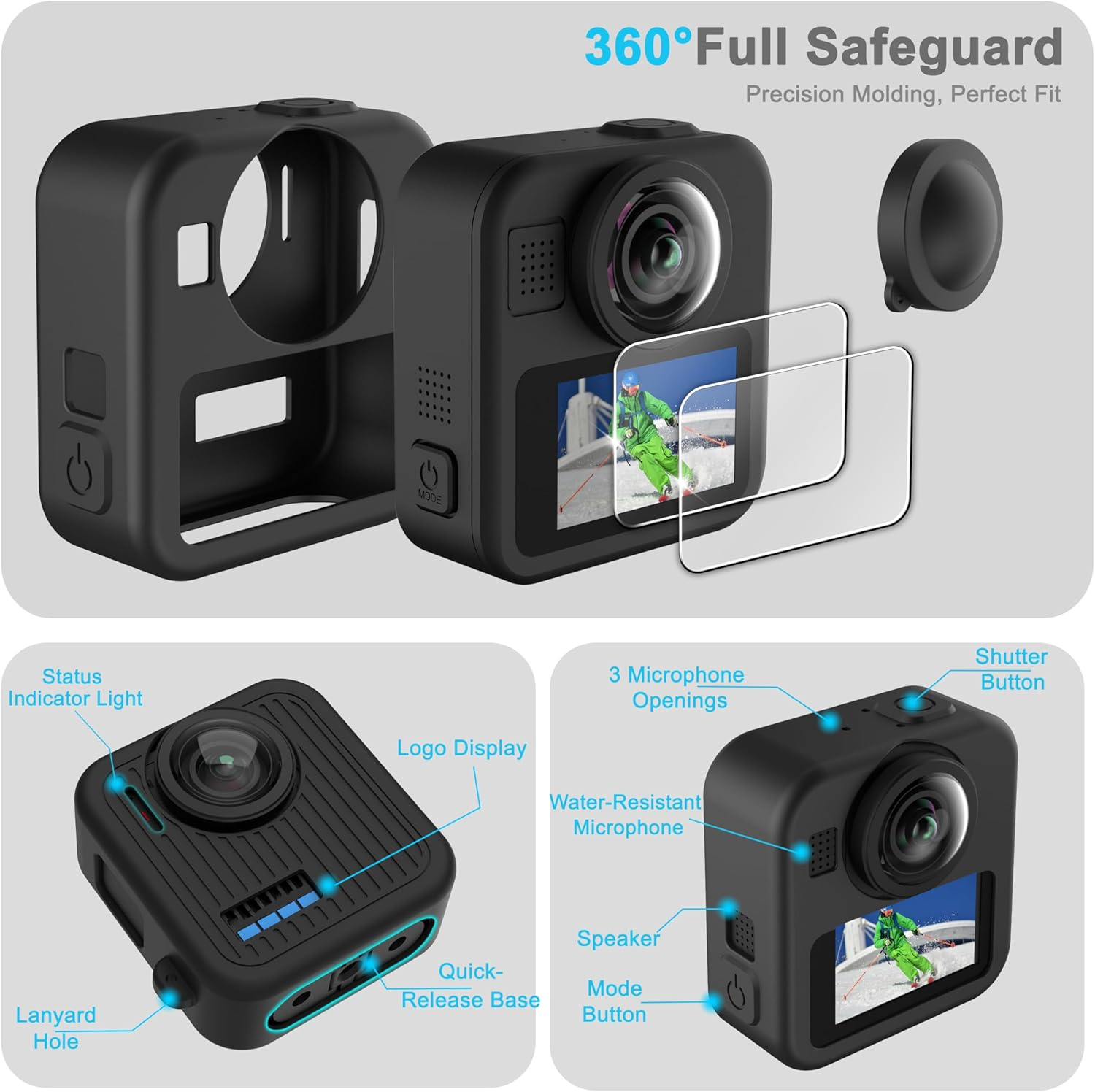 Fitstill Silicone Protective Kit Is Only for Go Pro Max 2, Silicone Protective Case + Screen Protector + Battery Side Cover + Lens Protective Cover + Adjustable Wrist Strap Max 2 Accessories image number 1