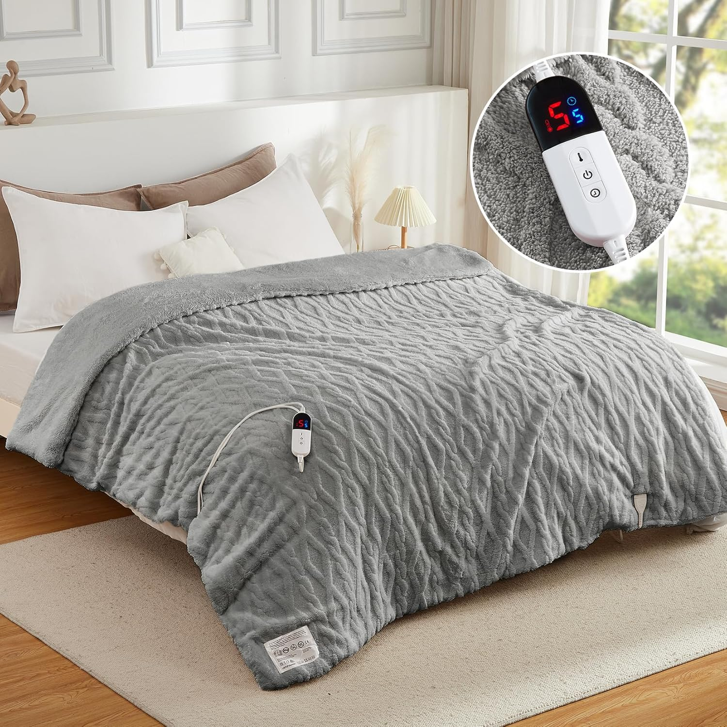 Heated Throw Blanket - 160X130Cm Thick Tufted Sherpa Electric Blanket with 6 Heat Settings and 10H Auto-Off, SAA Certified Overheat Protection Machine Washable Fast Heated Blanket, Gery