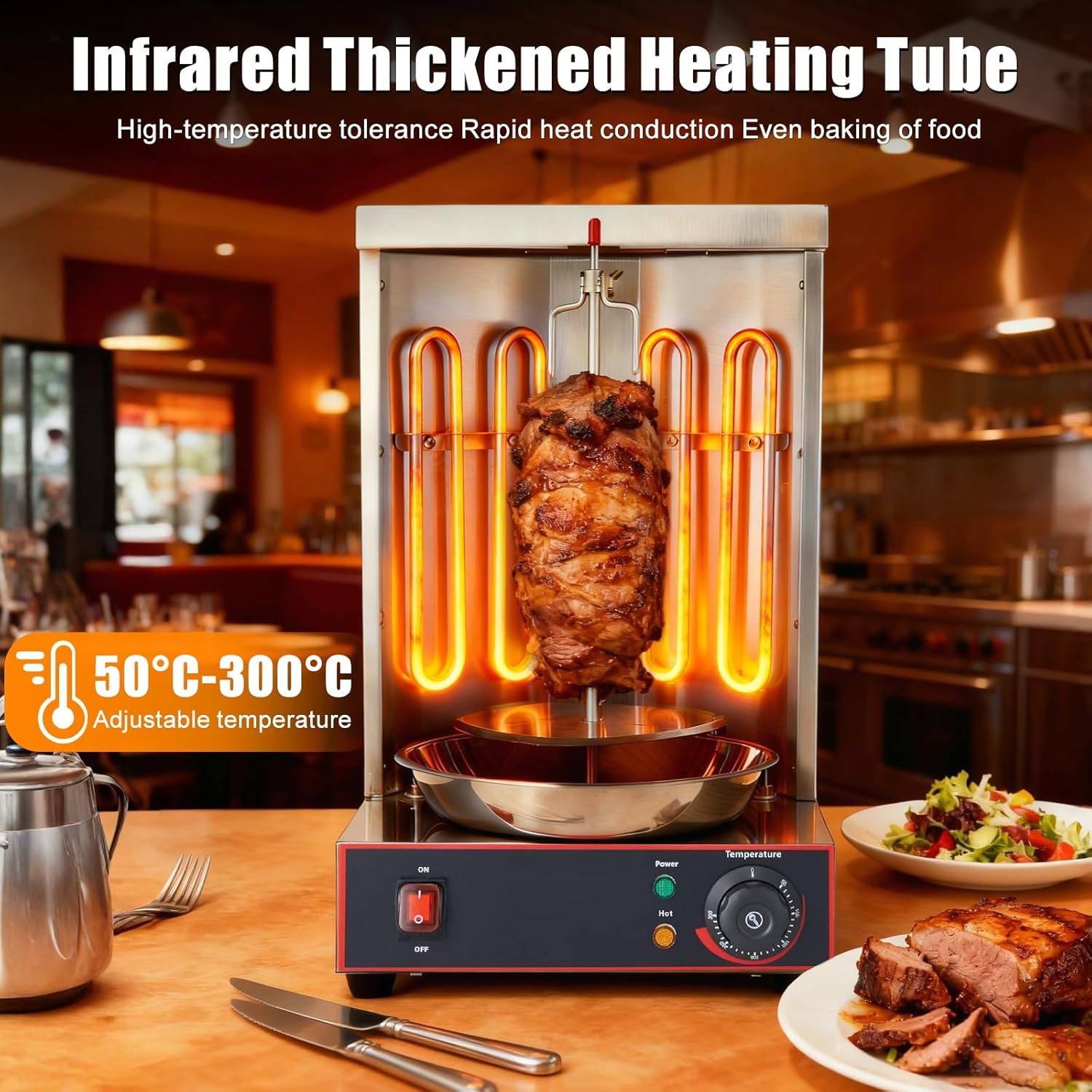 Electric Shawarma Grill Machine, Automatic Rotating BBQ Doner Kebab Grill, Vertical Rotisserie Broiler with 2 Heating Tubes, Gyro Rotisserie Oven with Adjustable Temperature 50-300&deg;C image number 5