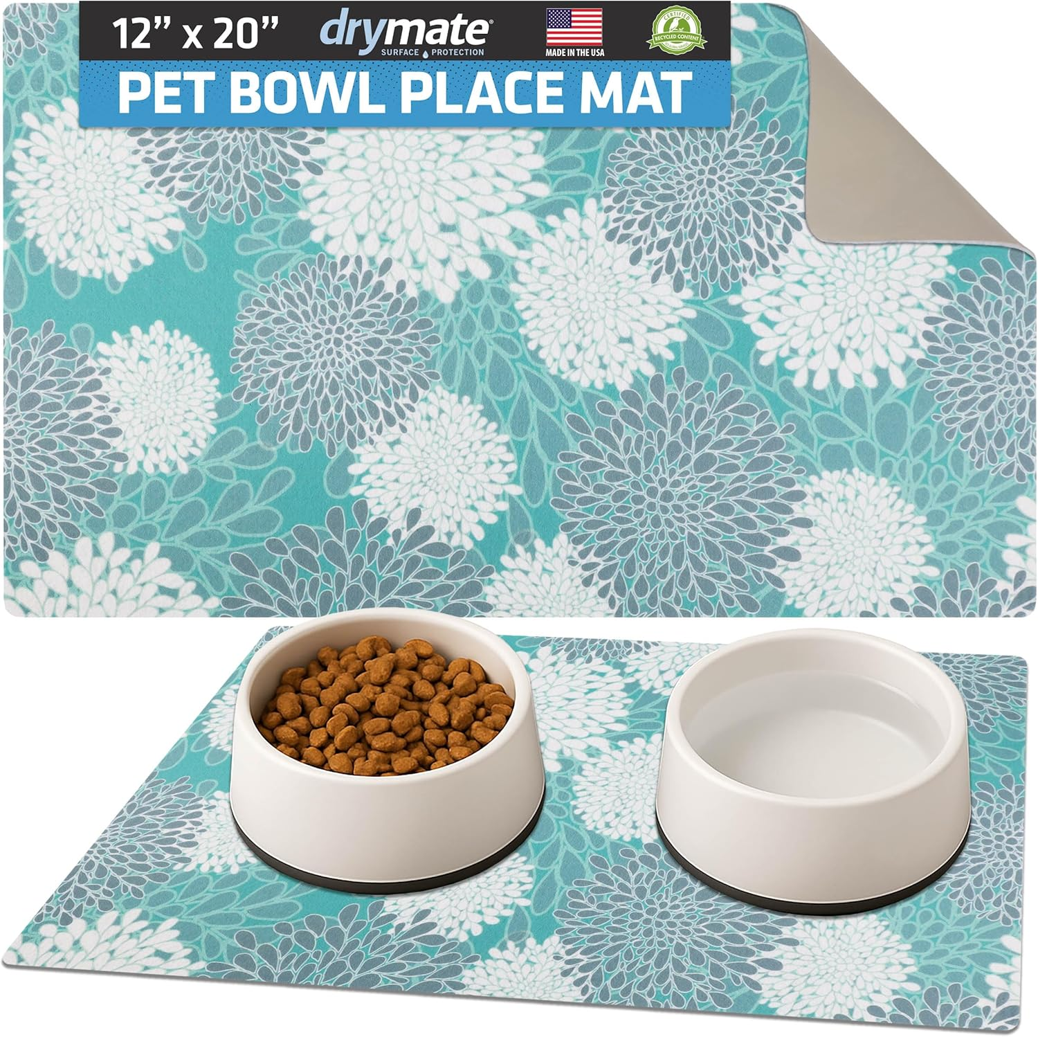 Drymate Pet Bowl Placemat, Dog & Cat Food Feeding Mat - Absorbent Fabric, Waterproof Backing, Slip-Resistant - Machine Washable/Durable (USA Made) (16&rdquo; X 28&rdquo;) (Paw Dots Black)