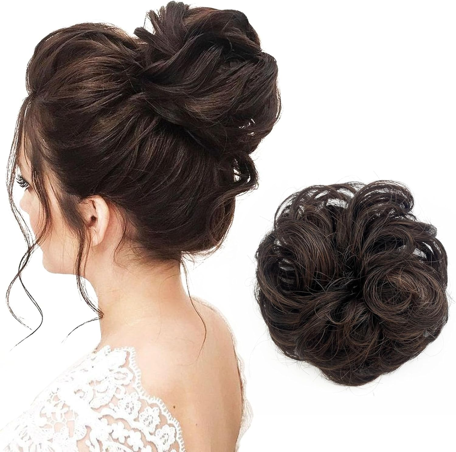 YUESUO 1PCS Messy Bun Hair Pieces Wavy Curly Scrunchies Synthetic Chignon Hair Extensions Updo Hairpieces for Women Girls (Light Brown)