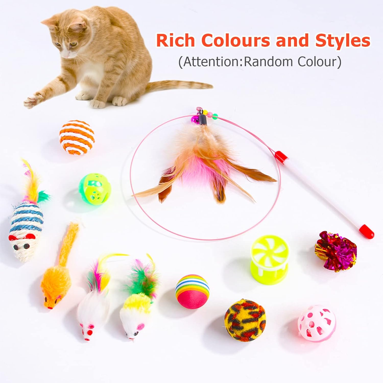 12 PCS Cat Toys Assortments for Indoor Cats, Variety Interactive Kitten Toys for Bored Indoor Cats Chase and Exercise, Cat Feather Teaser Fluffy Mouse Crinkle Balls Cat Bell Balls Fuzzy Ball (12Pcs) image number 5