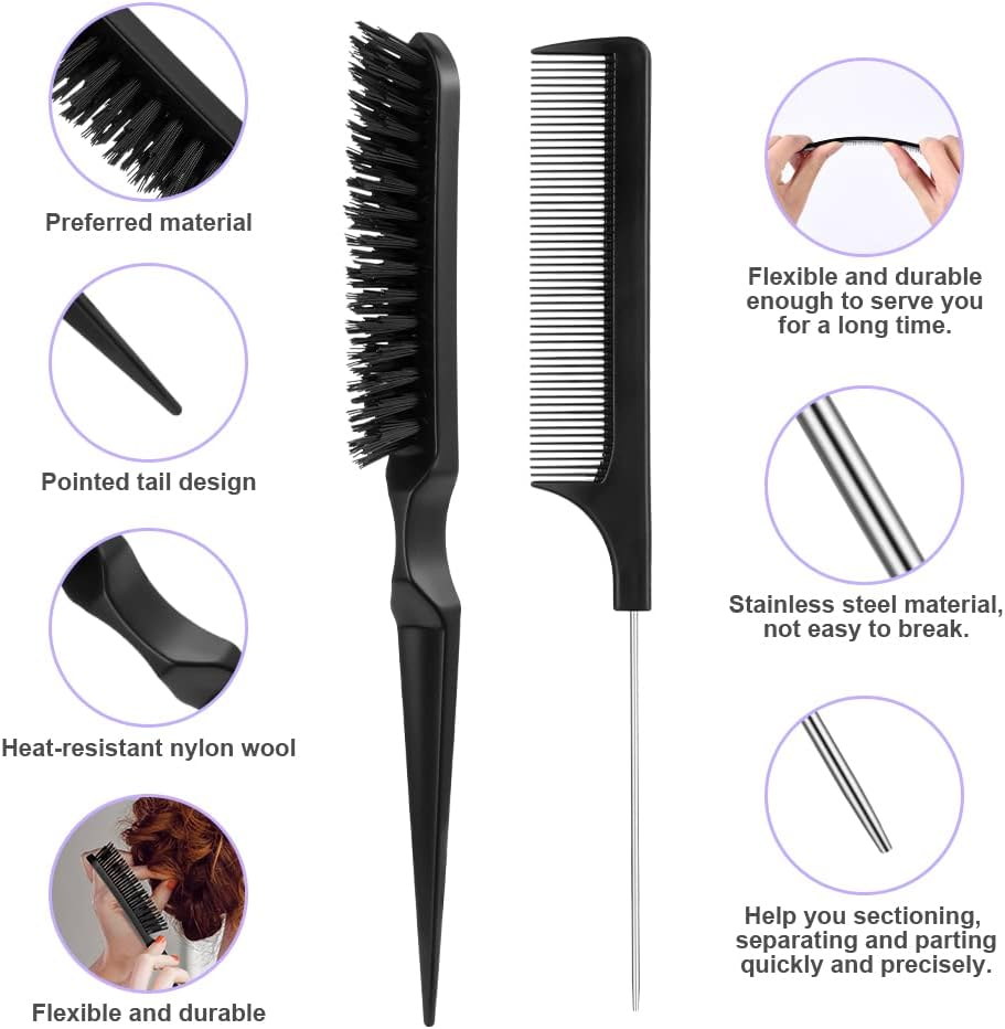 AOOWU 3 Pcs Slick Brush Set, Volume Creating Teasing Brush Set, Hair Styling Comb Set Include Bristle Hair Brush Double Sided Edge Brush Rat Tail Comb for Women Kids Edge Back Hair Smoothing (Black) - Black image number 4