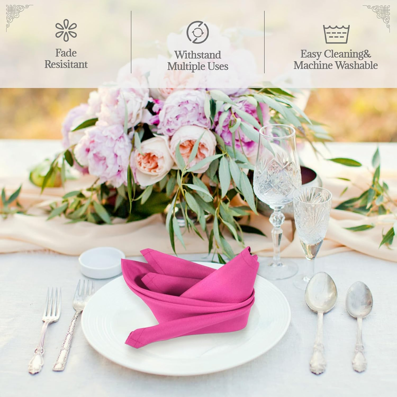 PLOYMONO Fuchsia Heavy Duty Cloth Napkins - 17 X 17 Inch Solid Washable Polyester Dinner Napkins - Set of 8 Napkins with Hemmed Edges - Great for Weddings, Parties, Banquets Dinner & More - Beige image number 6