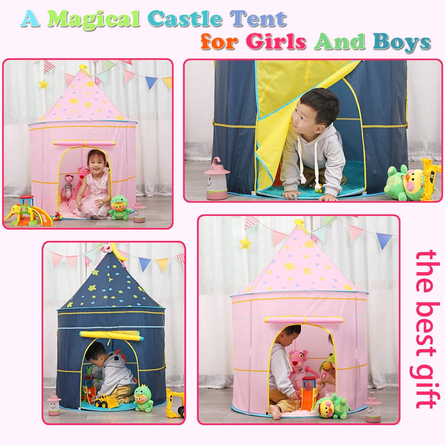 Kids Play Tent Teepee Tent Pop-Up Princess Prince Castle Play Tent with Star Lights EN71 ASTM Certified Indoor Outdoor Portable Playhouse Boys & Girls Birthday Gift (Moon Blue) image number 2