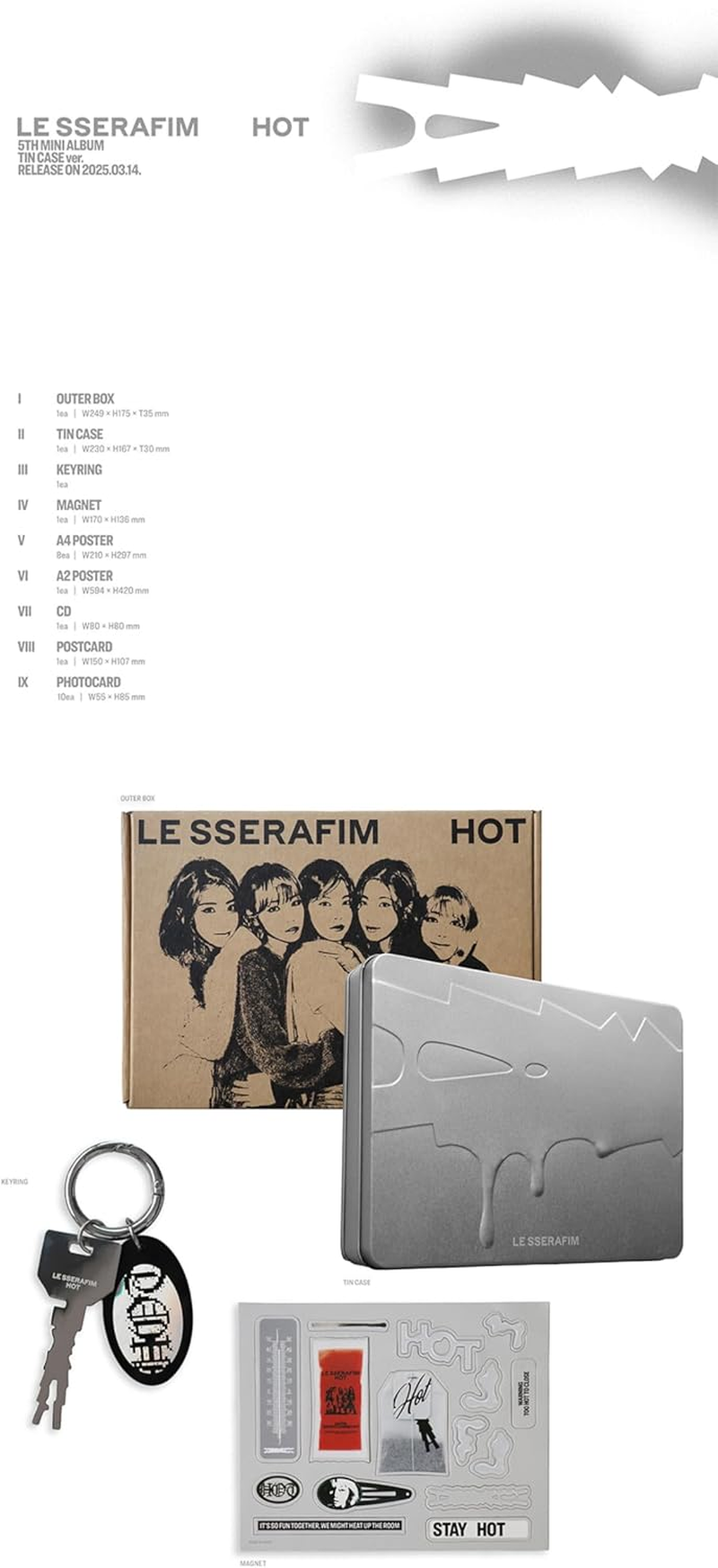 LE SSERAFIM HOT 5Th Mini Album Tin Case Version Outbox+Cd+1Ea Keyring+1Ea Magnet+8P A4 Poster+1P A2 Poster+1P Postcard+10P Photocard+Tracking Sealed LE SSERAPHIM image number 3