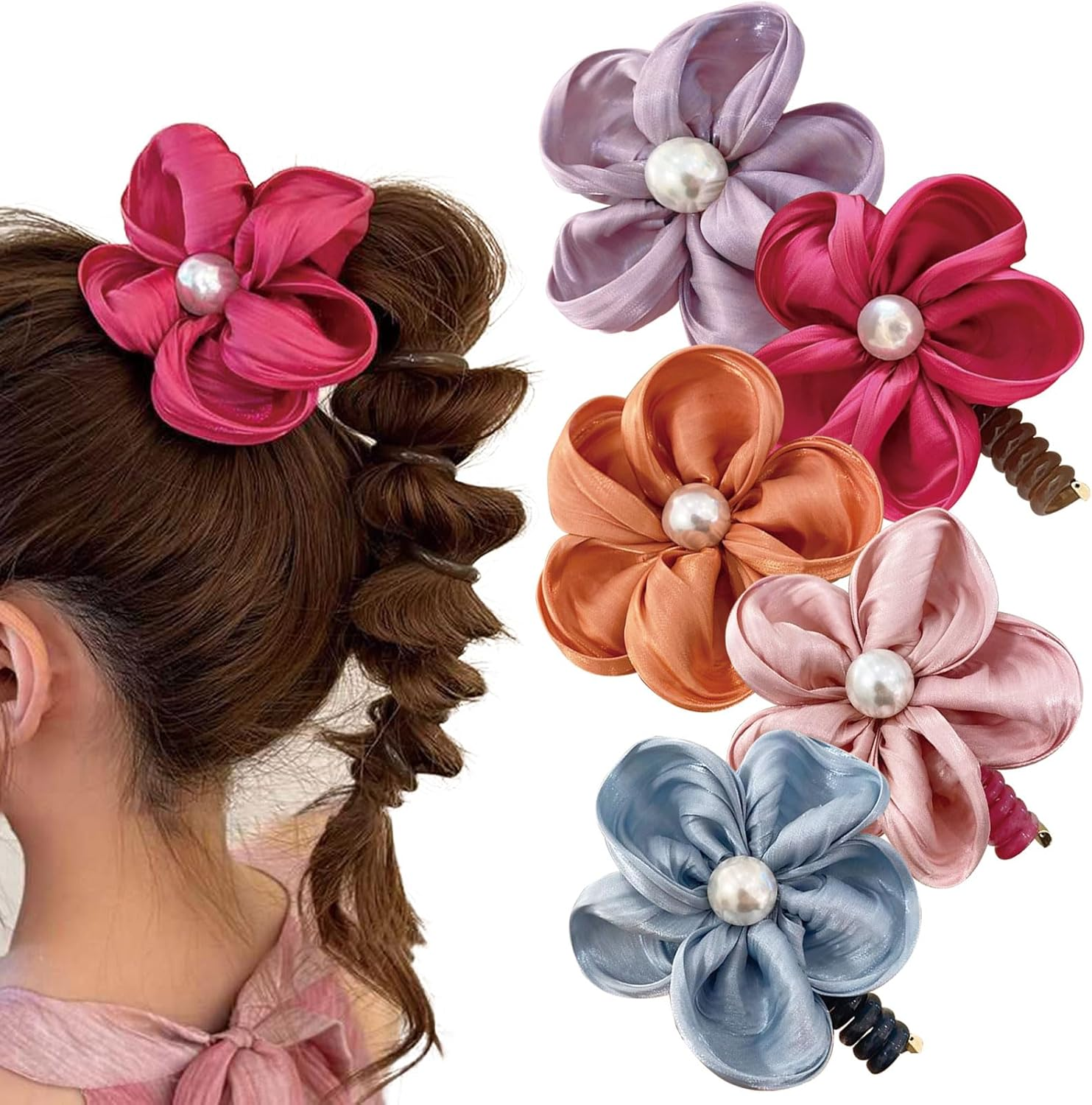 Colorful Phone Wire Hair Bands Flower Beads Spiral Hair Ties Ponytail Holder No Damage Phone Cord Hair Ties Bobbins for Women and Girls Thin Thick Accessories 5 Pack image number 3