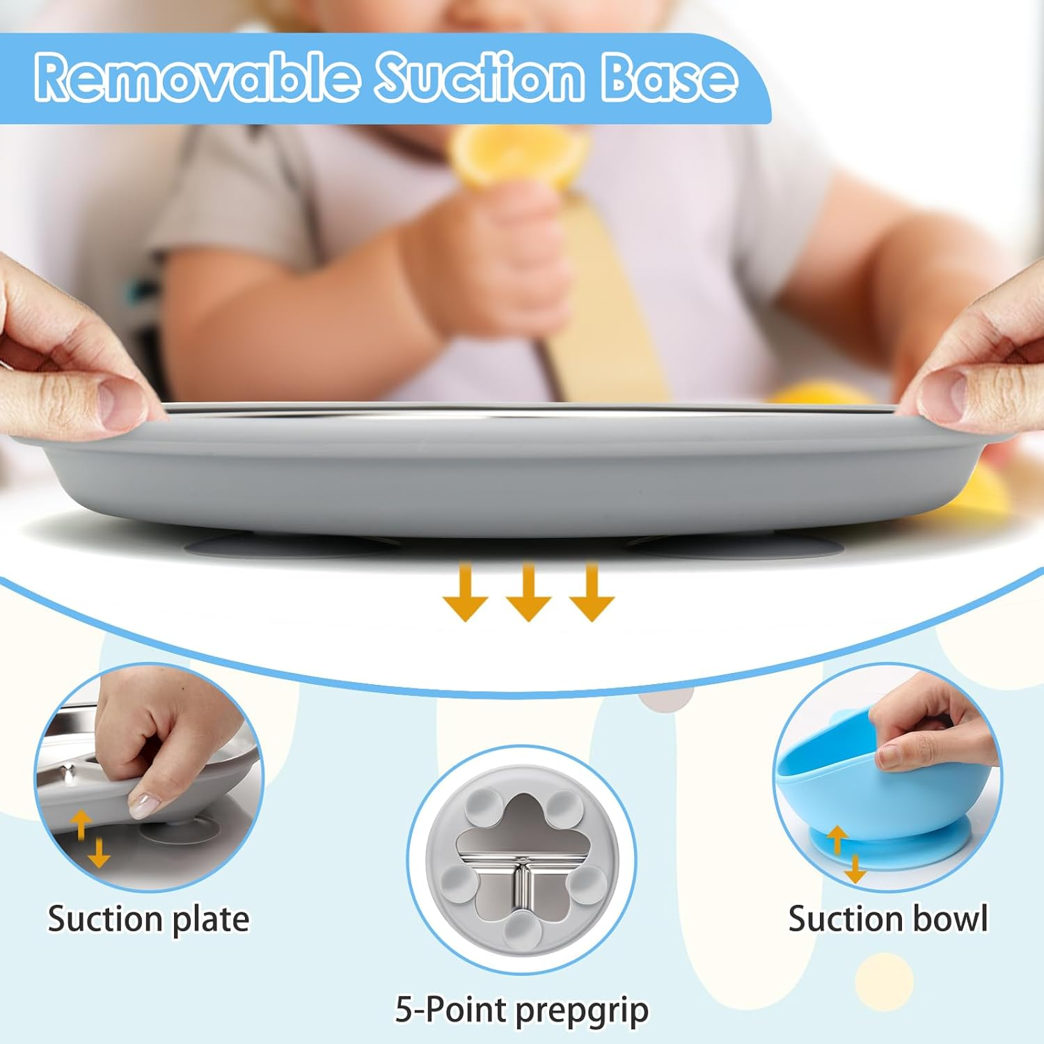 Baby Stainless Steel Feeding Set &ndash; 2 Star-Shaped Plates + 2 Bowls with Removable Silicone Sleeves | 100% Food-Grade 304 Steel | Dishwasher-Safe Tableware (Blue & Grey Plates, Blue & Green Bowls) image number 3