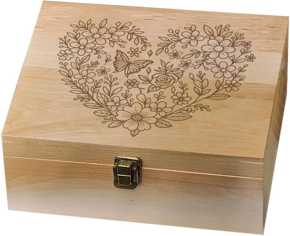 Arricraft 1 Pc Wooden Memory Keepsake Box, a Heart Shape Made up of Flowers and Butterflies Storage Decorative Memory Wooden Box with Hinge Lids for Photos Dvds Letters Holding 24.5X19.5X10.3Cm
