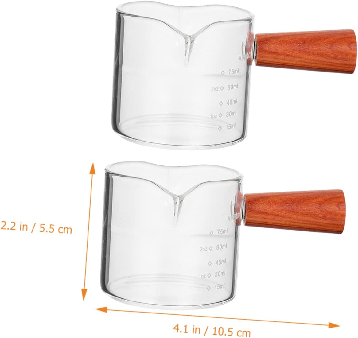 Baluue 2Pcs Double Spout Espresso Measuring Cups Wooden Handle Glass Milk Jars for Coffee Pouring and Precision Measurement