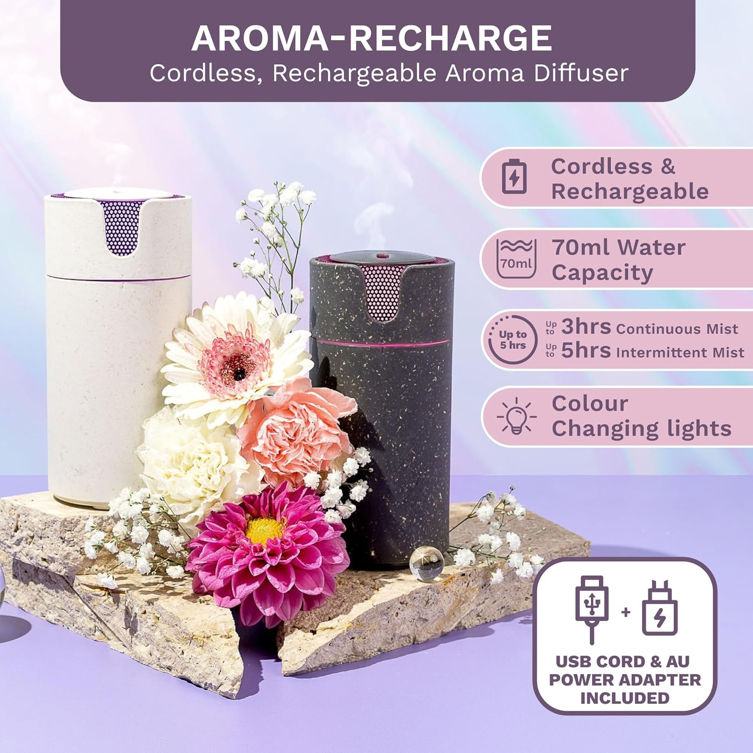 Aroma Recharge Cordless Diffuser - Portable Aromatherapy Diffuser with 70 Ml Water Capacity, 3 Hour USB Charge | Relaxation Anywhere, Improves Sleep, Mood and Focus - Ultrasonic 5-In-1 Technology - White Stone image number 6