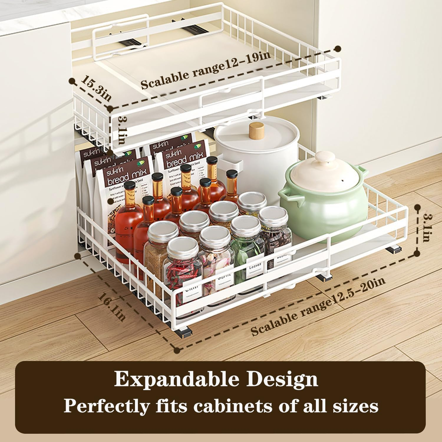 Pull Out Drawers for Cabinets, Extendable Slide Out Drawers Kitchen, Living Room, Home, Adhesive Pull Out Drawers for Cabinets, Expandable 12.2-20.7In, 16 in Deep (2 Pack) image number 5