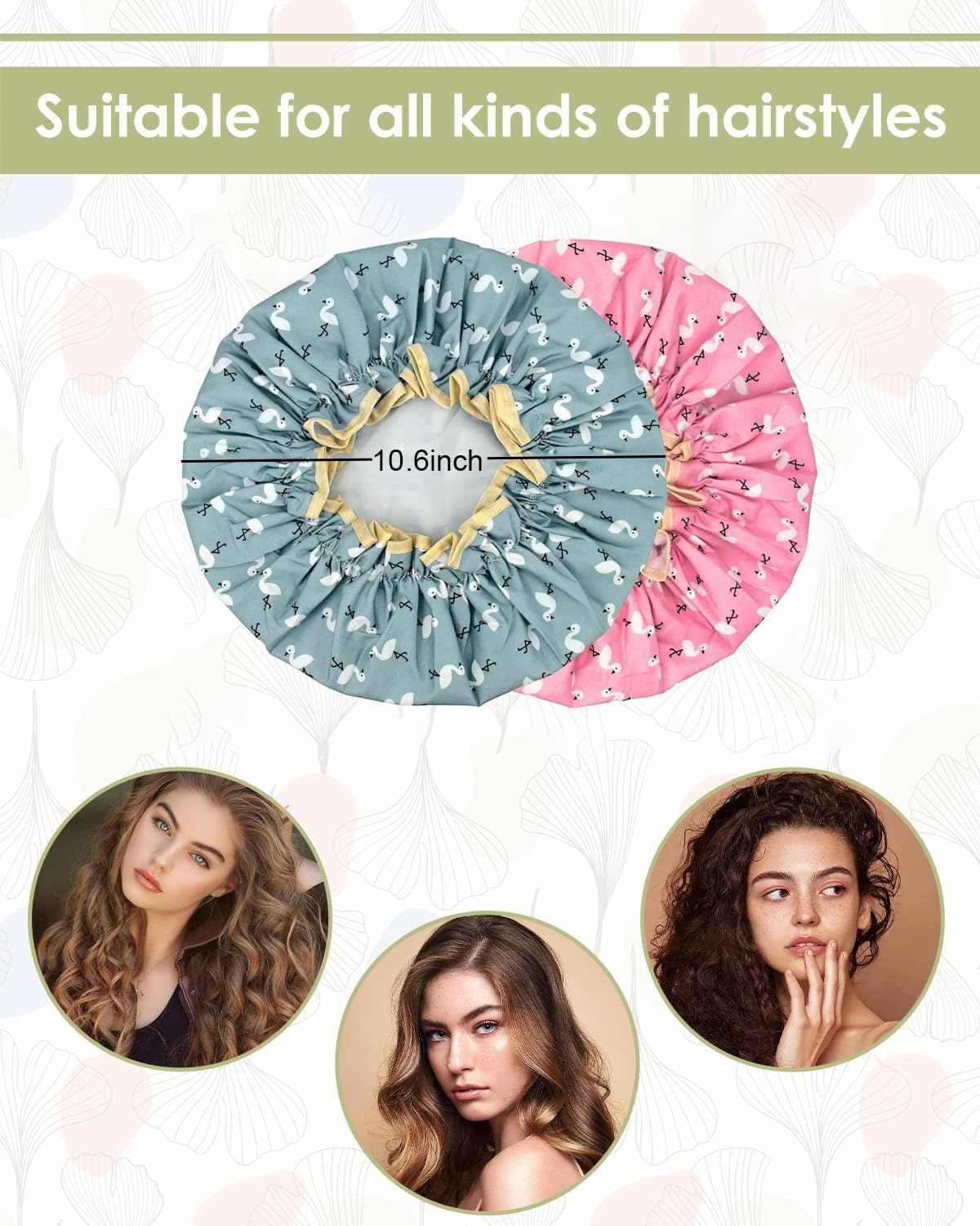 Pack of 2 | Shower Caps for Women, Double Layers Waterproof Bath Caps with Elastic Band, Reusable Shower Hat for Keeping Hair Dry Kitchen Oil-Proof Cap for Adults and Children image number 2