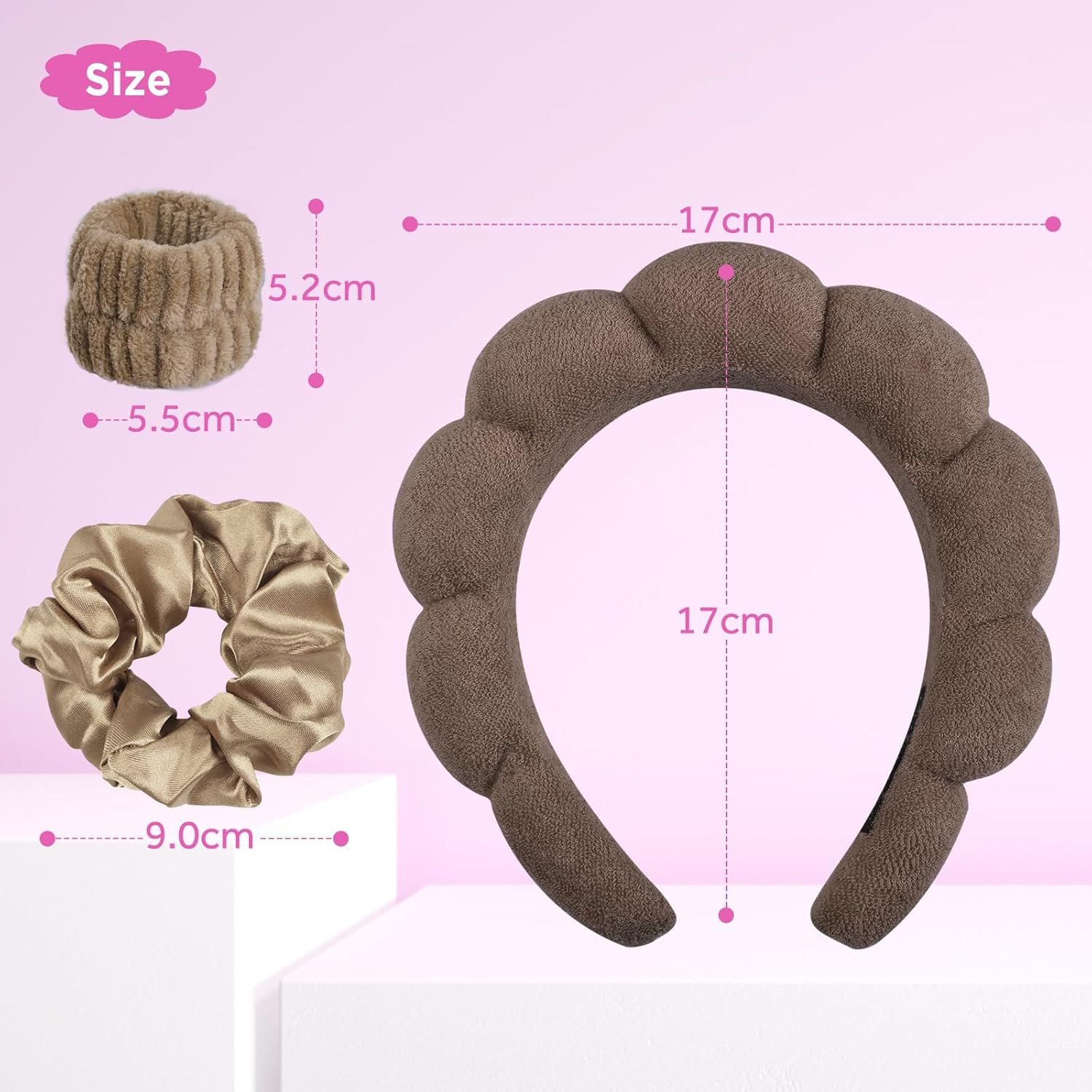WD&CD Spa Makeup Headband Set, Headband Skincare Headband for Woman, Face Wash Wristband and Scrunchies for Hair, Coffee - Brown image number 2