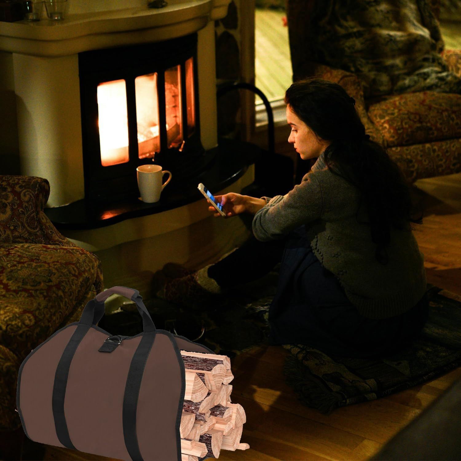 Heavy Duty Firewood Carrier Bag Large Waterproof Oxford Fabric Storage for Logs, Portable with Handles for Indoor Fireplace & Outdoor Camping, Durable Firewood Transport (Brown) image number 1