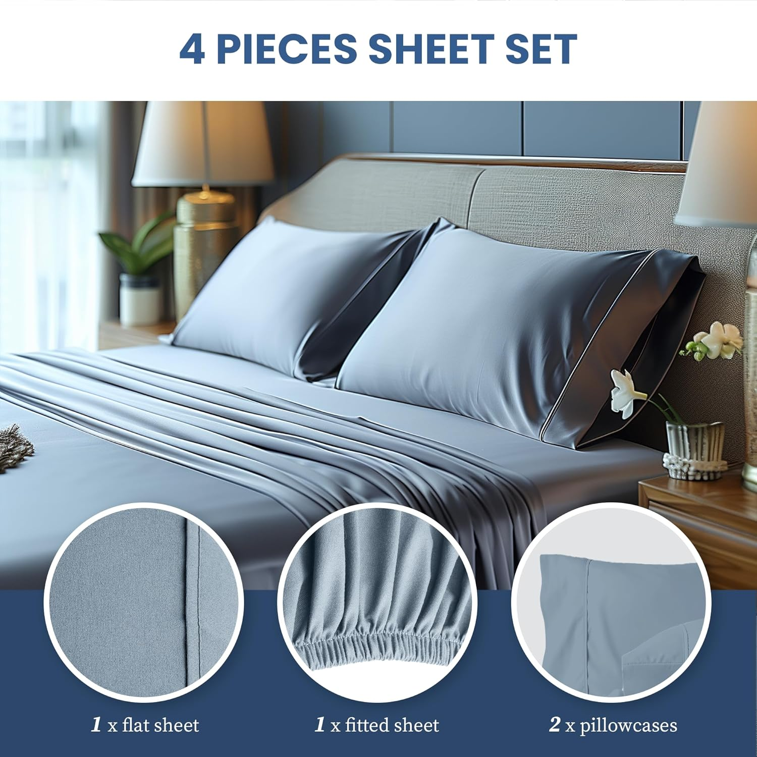 Simple Deluxe Queen Size 4 Piece Sheet Set, Lightweight Super Soft Easy Care Microfiber - Comfy Breathable, Cooling Bedding Sheets with Deep Pocket, Shrinkage and Fade Resistant, Hotel Luxury, Blue image number 4
