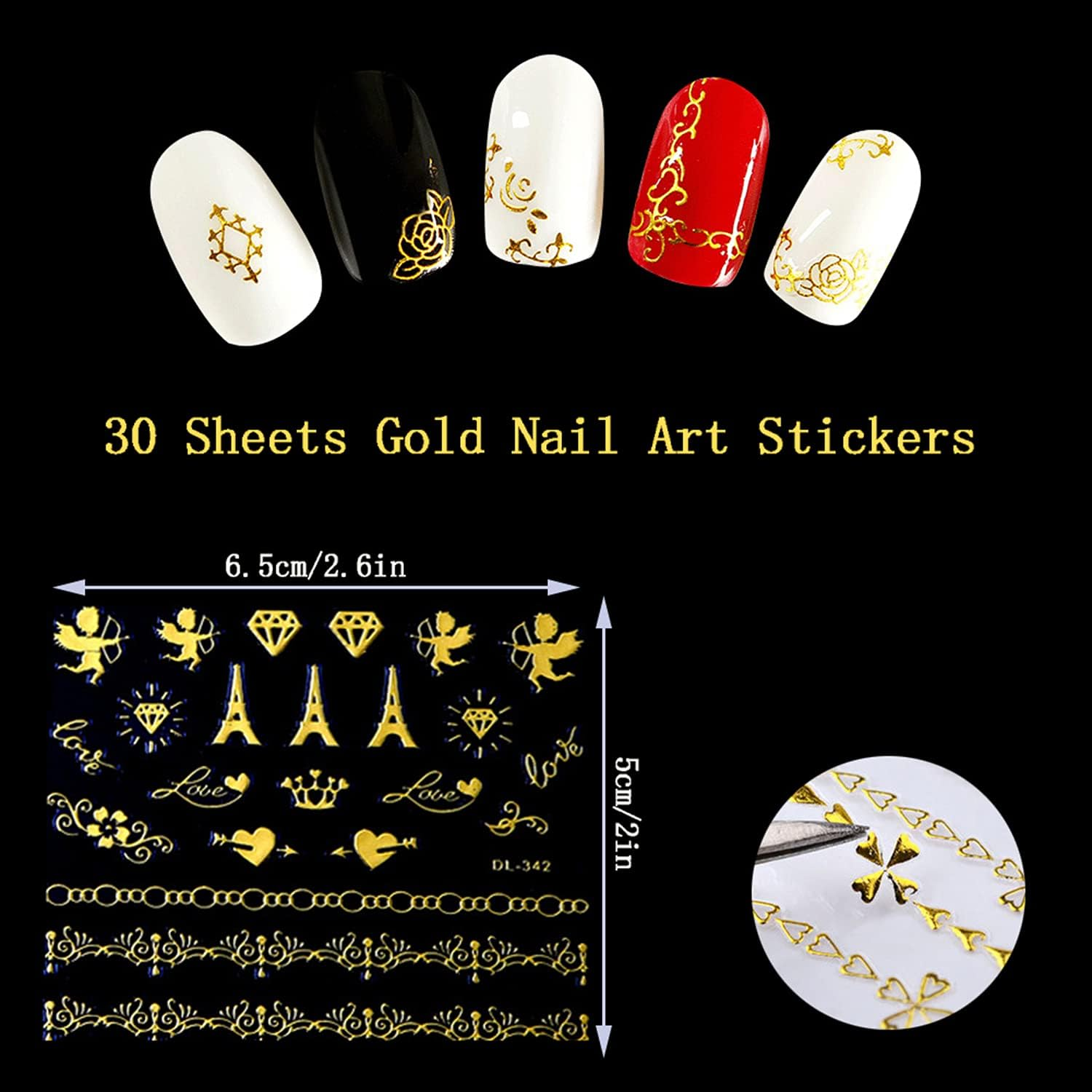 30 Sheets Gold Nail Art Stickers Nail Art Decals 3D Self-Adhesive Cat Chain Butterfly Heart Snowflakes Nail Art Designs Acrylic Nails Supplies Women Girls Manicure Tips DIY Charms Decorations image number 3