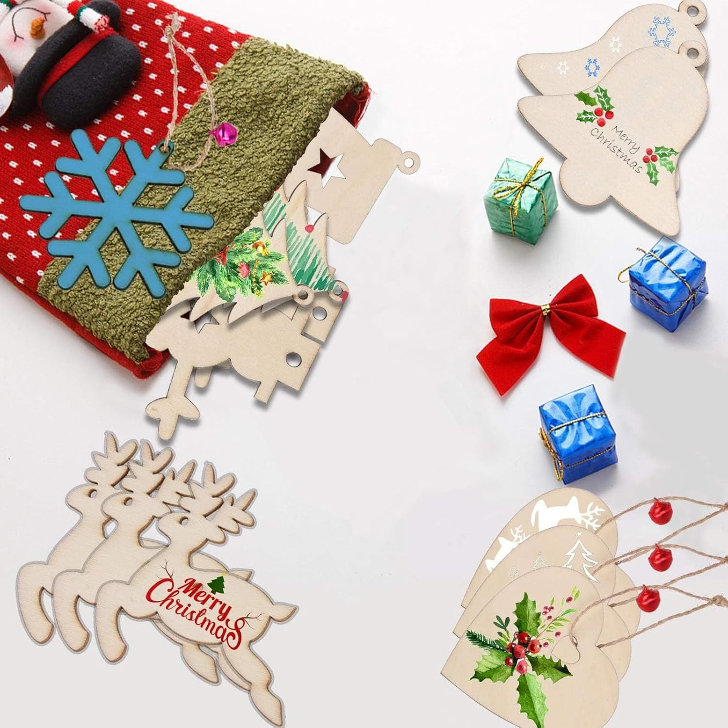 50PCS DIY Wooden Christmas Tree Ornaments Decorations, Christmas Unfinished Wooden Ornaments with Ropes for DIY Craft Making, Christmas Tree Decorations, Holiday Decoration (10 Styles) image number 6