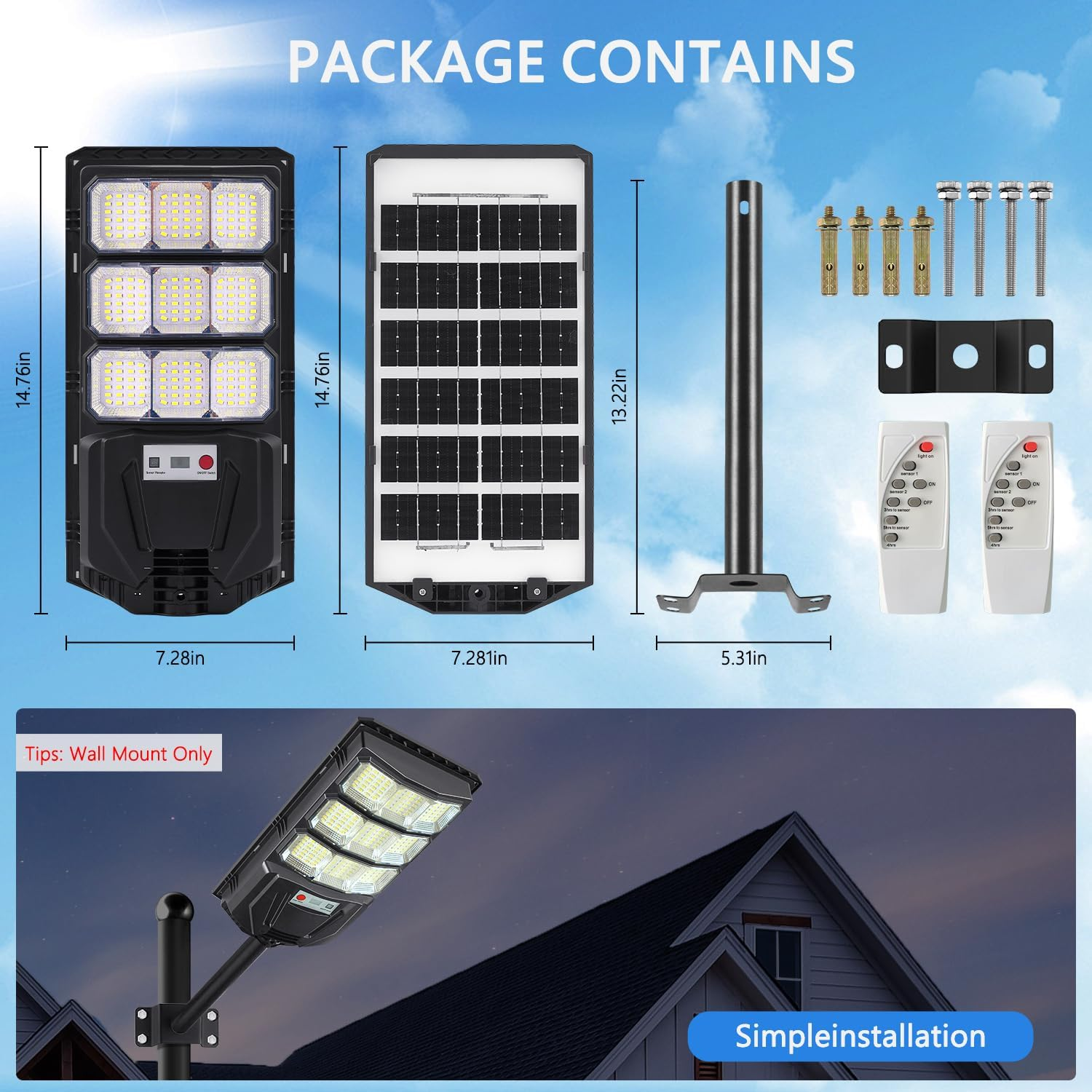 Solar Street Lights Outdoor, 1200W LED Solar Parking Waterproof Light with Motion Sensor Remote Control, 7000K Dusk to Dawn LED outside Security Flood Commercial Lighting for Yard, Parking Lot image number 4