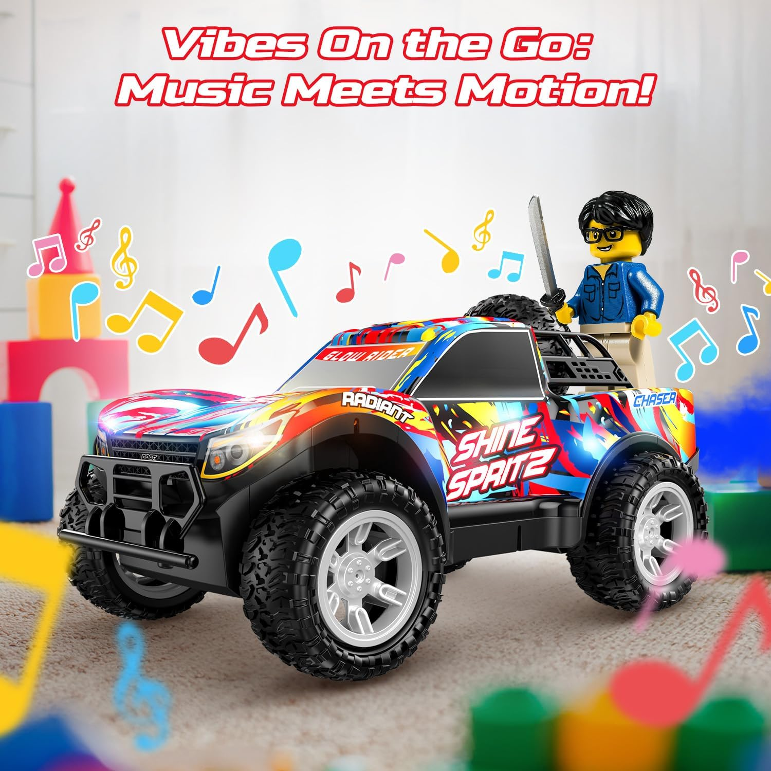 DEERC Remote Control Car for Boys & Girls Ages 4-8, Spray RC Truck with Music & Colorful LED Lights, 2.4Ghz All-Terrain Drift Vehicle, 2 Rechargeable Batteries, 40 Mins Playtime, Birthday Toy for Kids