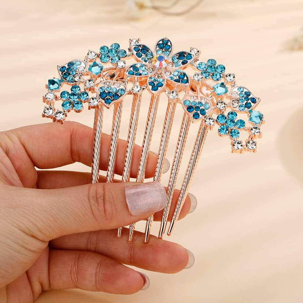 Jumwrit Crystal Bride Wedding Hair Comb Love Heart Leaf Colorful Rhinestone Flower Hair Side Comb Rose Gold Hair Clip Comb Floral Vintage Bridesmaid Headpiece Bridal Hair Jewelry for Women Girls(Blue) image number 5