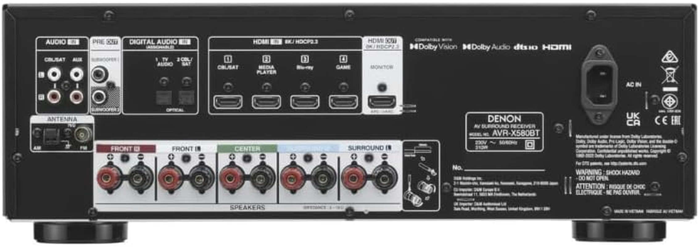 Denon AVR-X580BT 8K AV Receiver, 5.2 Channels, 70W per Channel, Bluetooth Wireless, HDMI, Digital & Analog Inputs image number 4