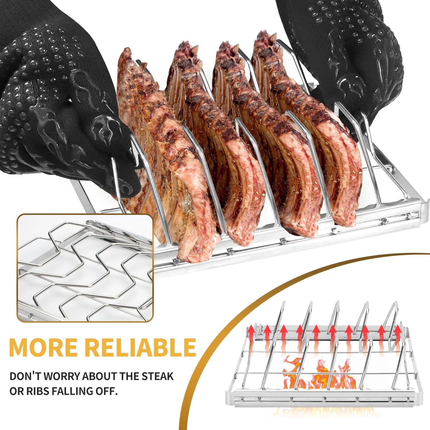 Rib Rack for Smoking, Stainless Steel 4 Slots Rib Racks for Grilling, Foldable Roasting Rack Easy to Use and Clean, Premium Durable Rib Rack Smoker Accessories (1 PCS) image number 3