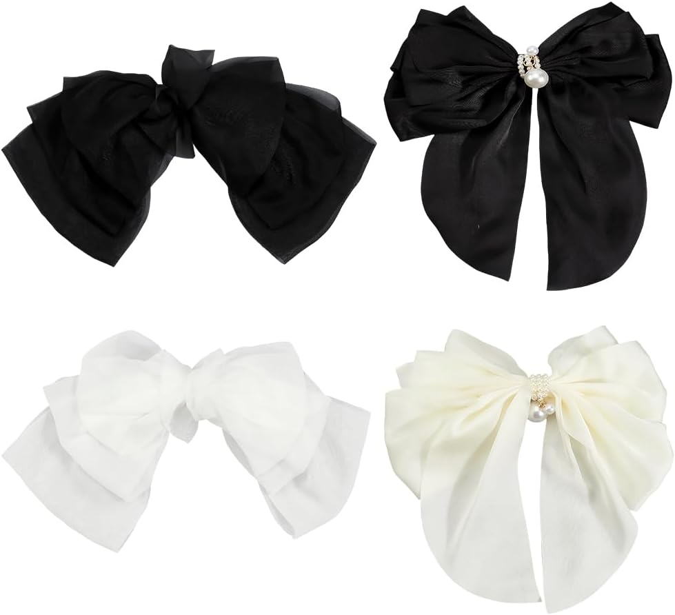 SOFPLATE 4 Pieces 4 Styles Black Hair Clips with Bow Coquette Hair Clips with ABS Plastic Colourful Fabric Large Bow Aesthetic Alligator Hair Clips Accessories for Short and Long Hairstyles DIY image number 1