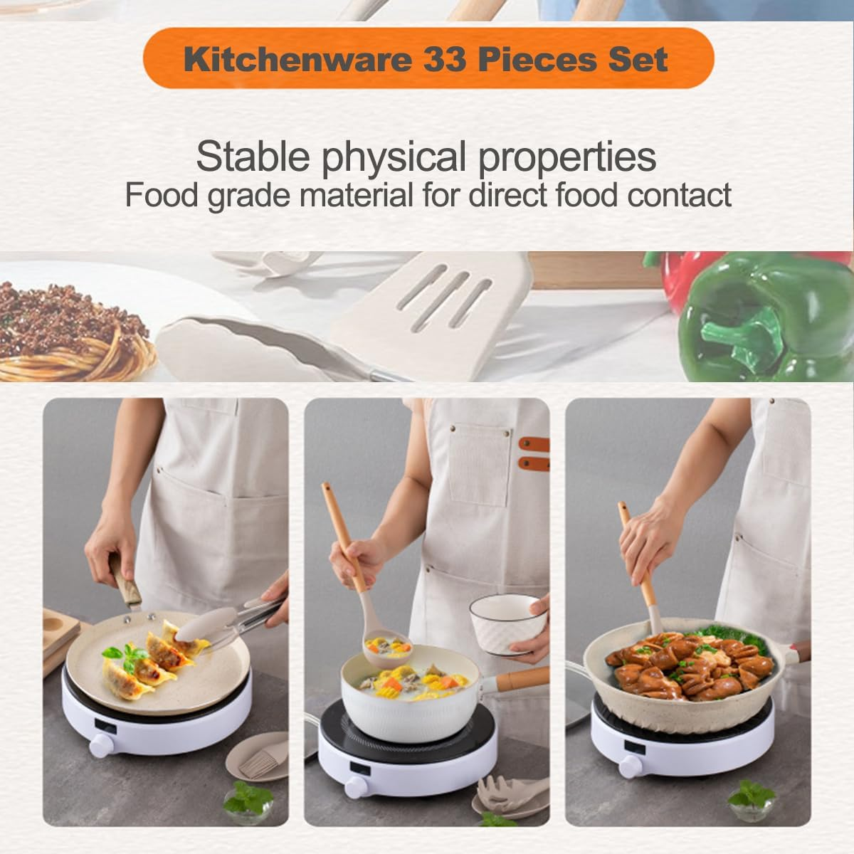 Kitchen Utensil Set（33- Piece）,446&deg;F Heat Resistant, Non-Stick Cookware,Multi Functional Silicone Cooking Utensils Set with Wooden Handles for Cooking, Baking（Khaki） image number 2