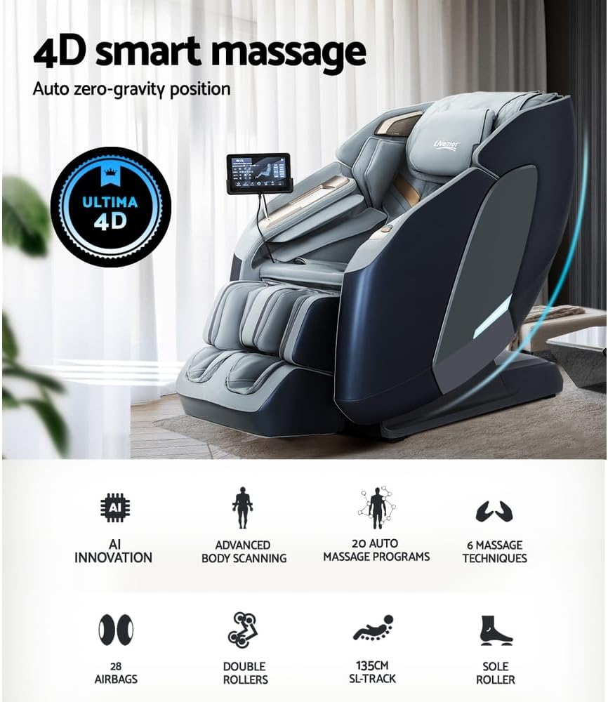Livemor 4D Massage Chair Electric Massager Head Back, Heating Chairs, Soft PU Zero Gravity Massages Kneading Relaxation Rolling Full Body Foot Massagers Reclining Machine with LED Touch Panel Grey image number 2