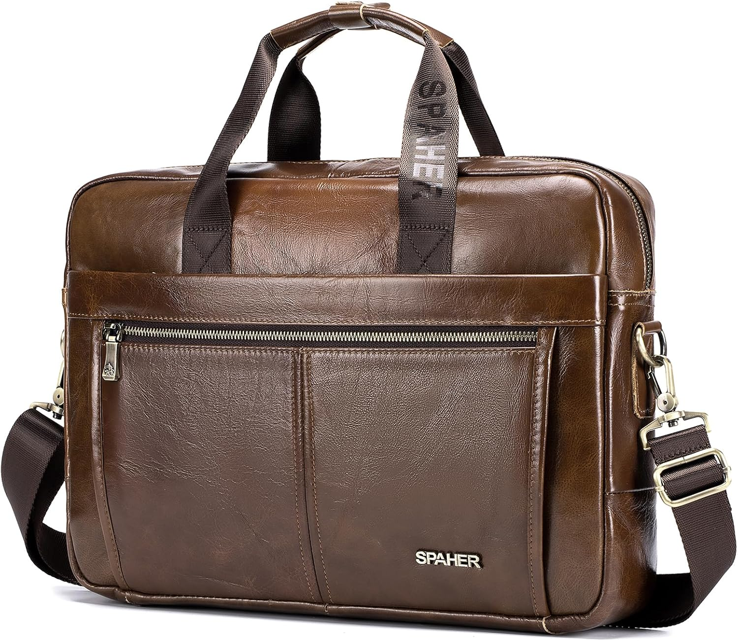 SPAHER Mens Leather Laptop Bag Briefcases for Men 15.6 Inch Leather Briefcase Business Work Laptop Handbag Shoulder Bag Office Bag for Men Laptop Messenger Bag image number 6