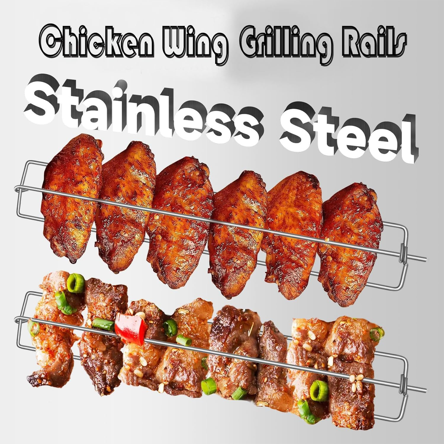 4 Pcs Flat Chicken Wing BBQ Fork, Chicken Wing Holder for Grill, Wing Rails for Chicken, Clamping Wing Rails, Stainless Steel Chicken Wings Grilling Rails, Comes with 2 Silicone Oil Brushes image number 1
