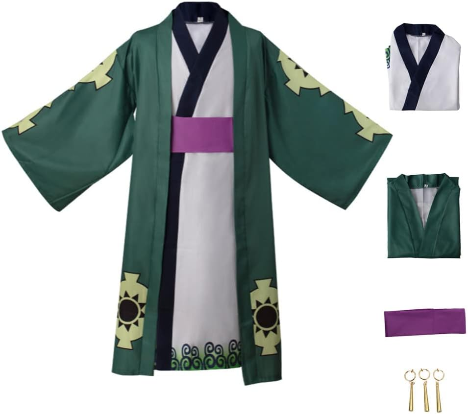 GWOKDAN Men Roronoas Cosplay Costume Anime Kimono Robe Zoro Cloak Uniform Halloween Outfits with Earrings