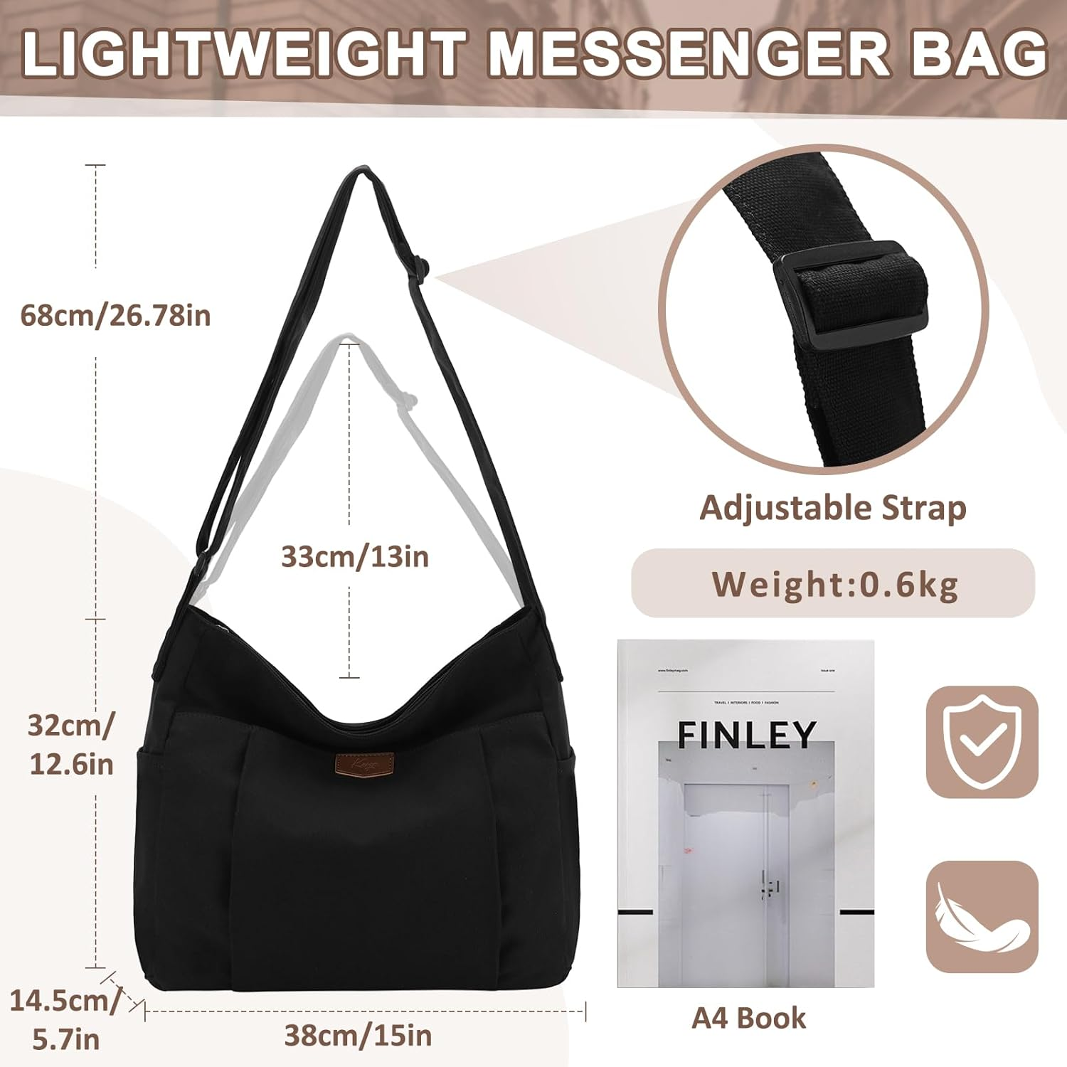 KASQO Canvas Messenger Bag, Large Lightweight Hobo Crossbody Tote Bag for Women Men Casual Shoulder Bag for College Travel Work image number 4