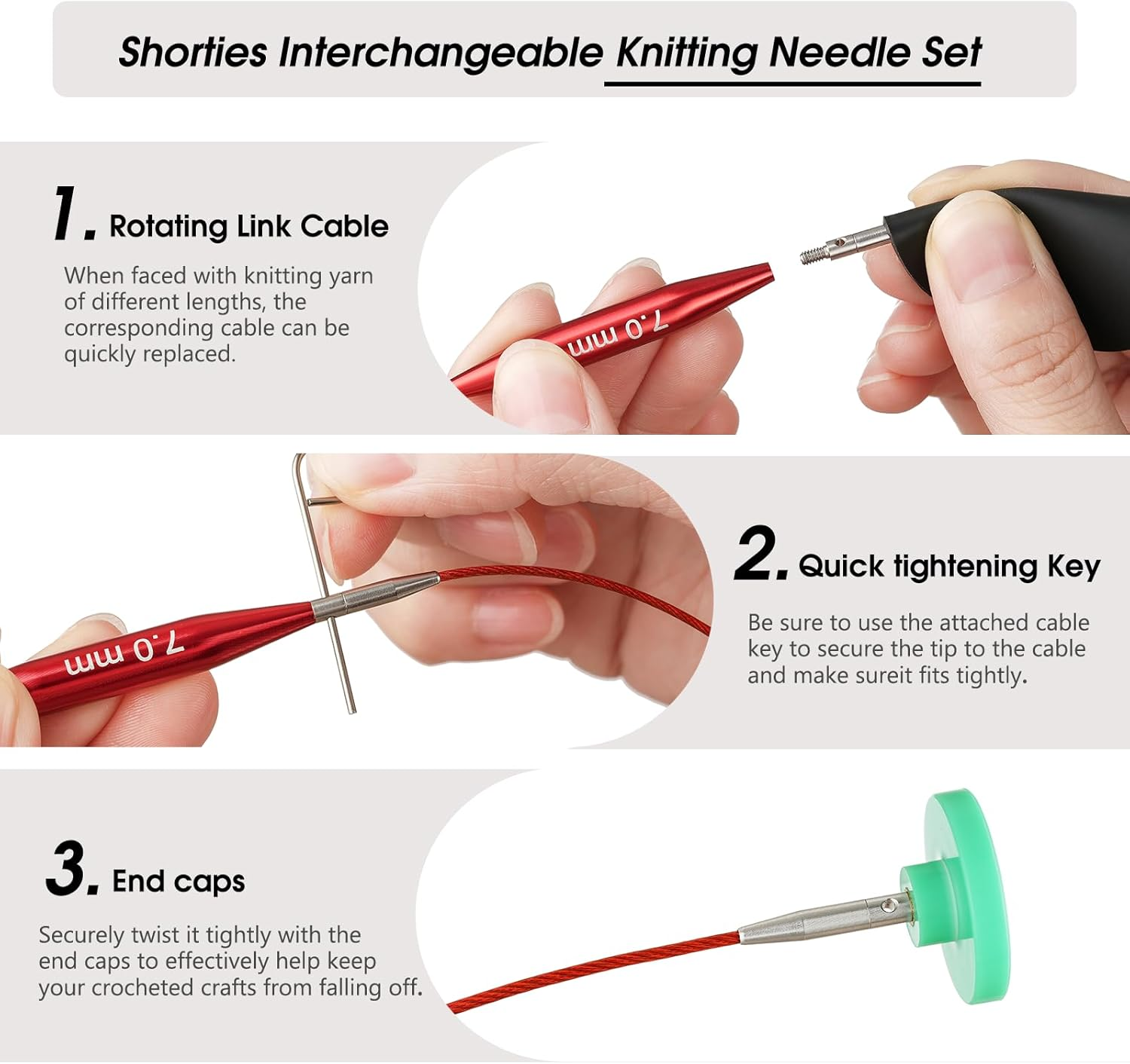 Guclud Short Interchangeable Knitting Needles Set 2-Inch Shorties Circular Knitting Needles for Sock, Sizes US 2.5, 3, 4, 5, 6, 7, 8, 9, 10, 10.5, 11 with Cables, Accessories and Case (12 Pairs) image number 6