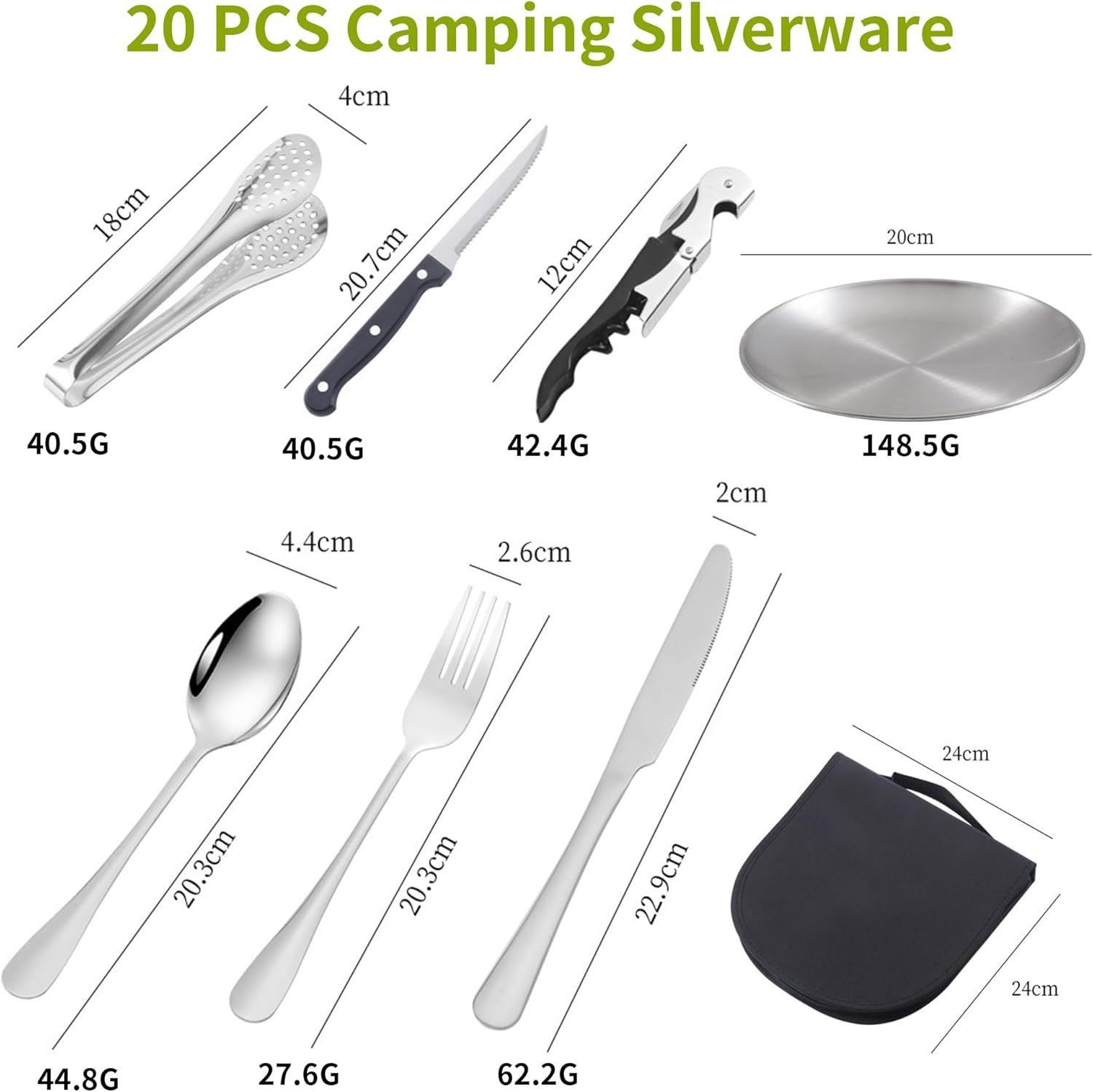 Camping Utensils Kit 20/11 PCS Outdoor Camping Dishes Set with Cutlery Bag, Spoon Fork Knife Plate Tongs for 4 People &ndash; Portable Picnic, Hiking, and Family Camping Tableware (Silver) image number 4