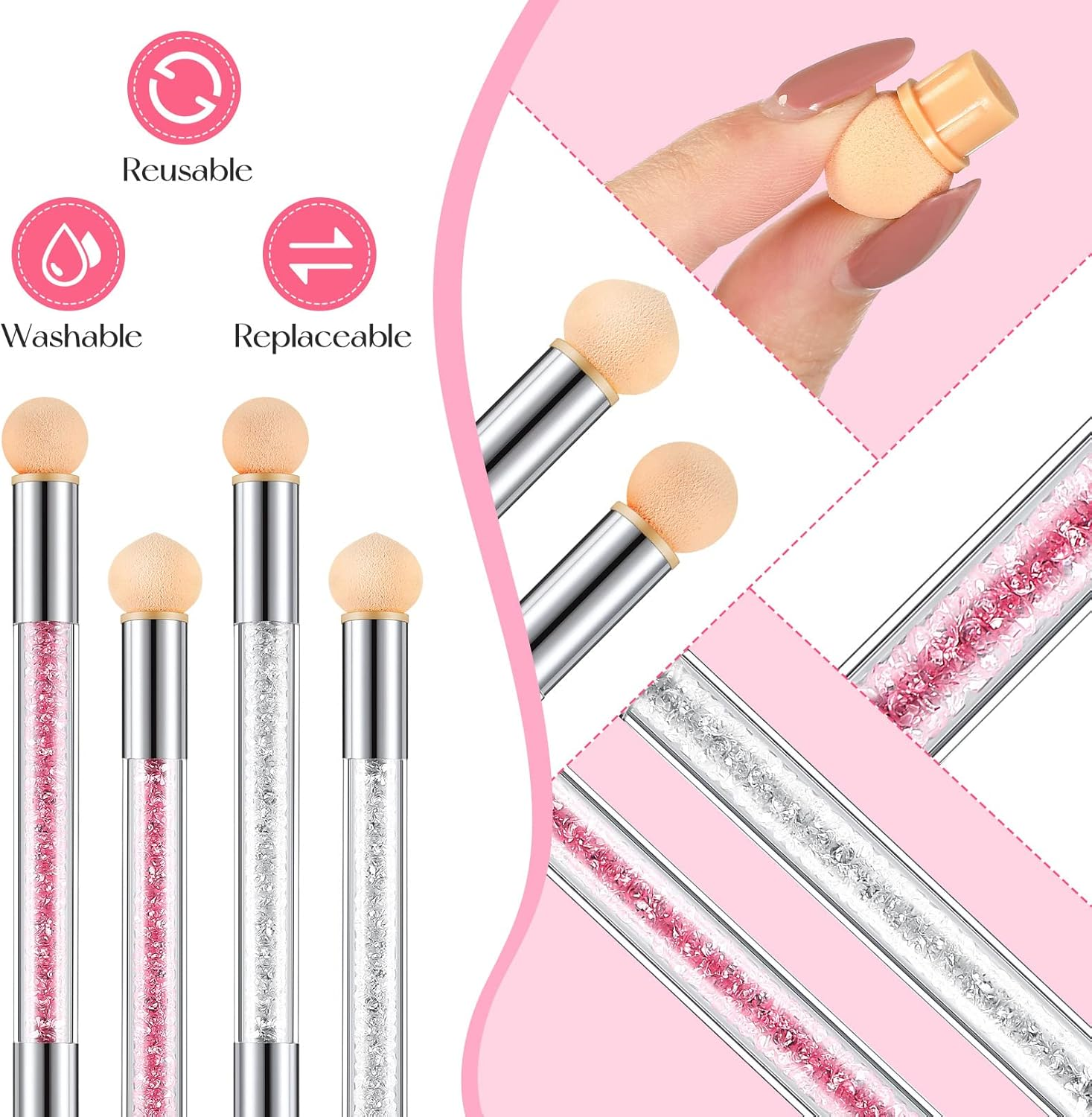 4 Pieces Nail Art Sponge Ombre Sponge Nail Brush Gradient Nail Brush Double Head Sponge Nail Art Tool with 16 Pieces Replacement Head for Nail Art Manicure(Pink, White) - Pink,Purple,Red,White image number 3