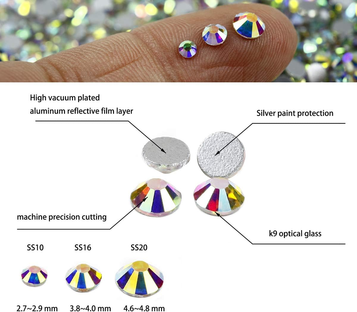 Rhinestones Non Hotfix Ss 20 Crystal AB 1440 Pcs,5Mm Flat Back Glass Diamond Cut Stone,Spark round Glitter Gems for DIY Craft,Shoes,Cup,Bling Project image number 3