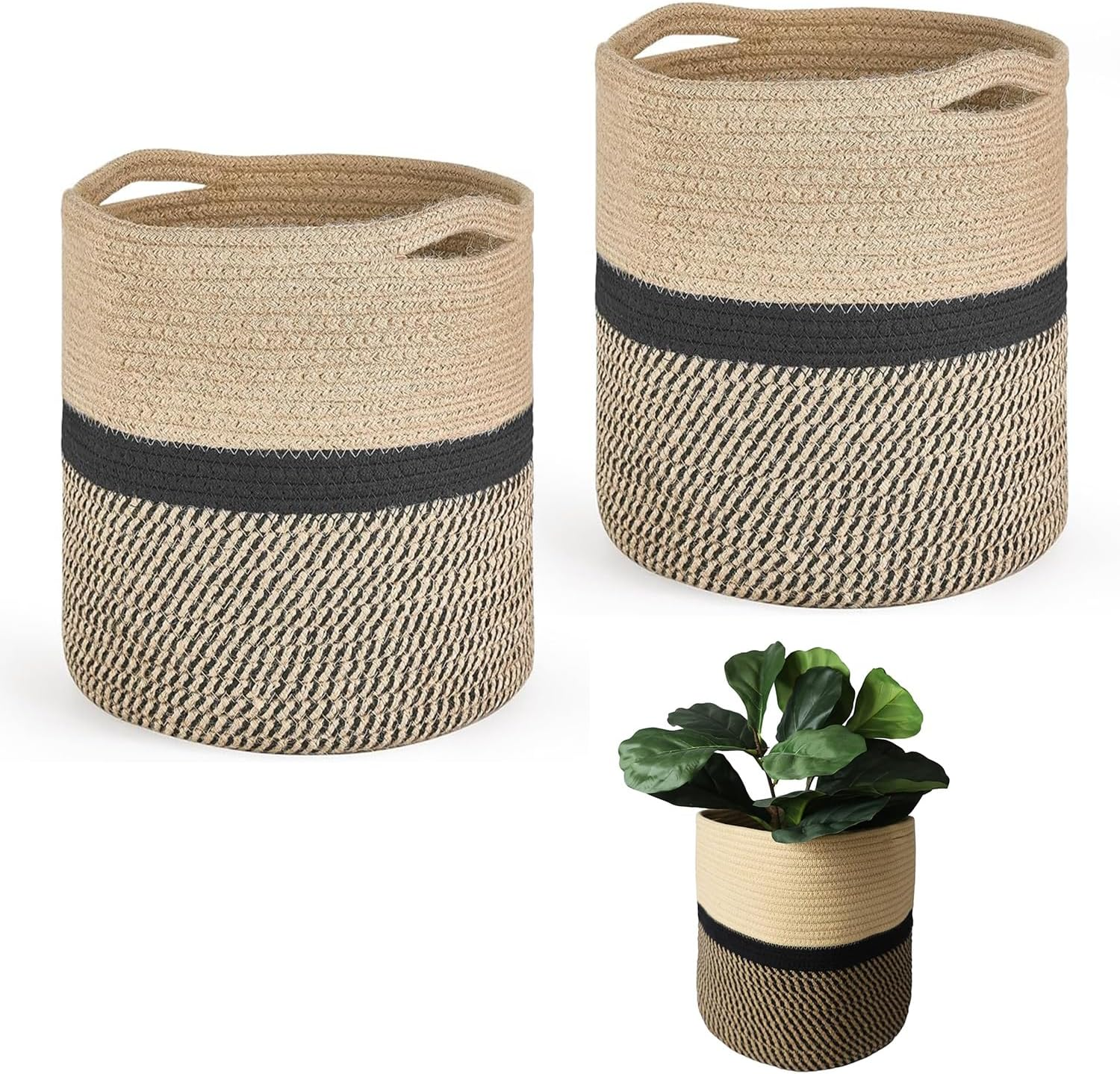2 Pcs Jute Cotton Rope Plant Basket, Woven Baskets for Flower Pot Home Decor, round Indoor Planters Storage Organizer, Brown Black 25 * 25 * 25Cm, Storage Organizer Basket Rustic Home Decor image number 5
