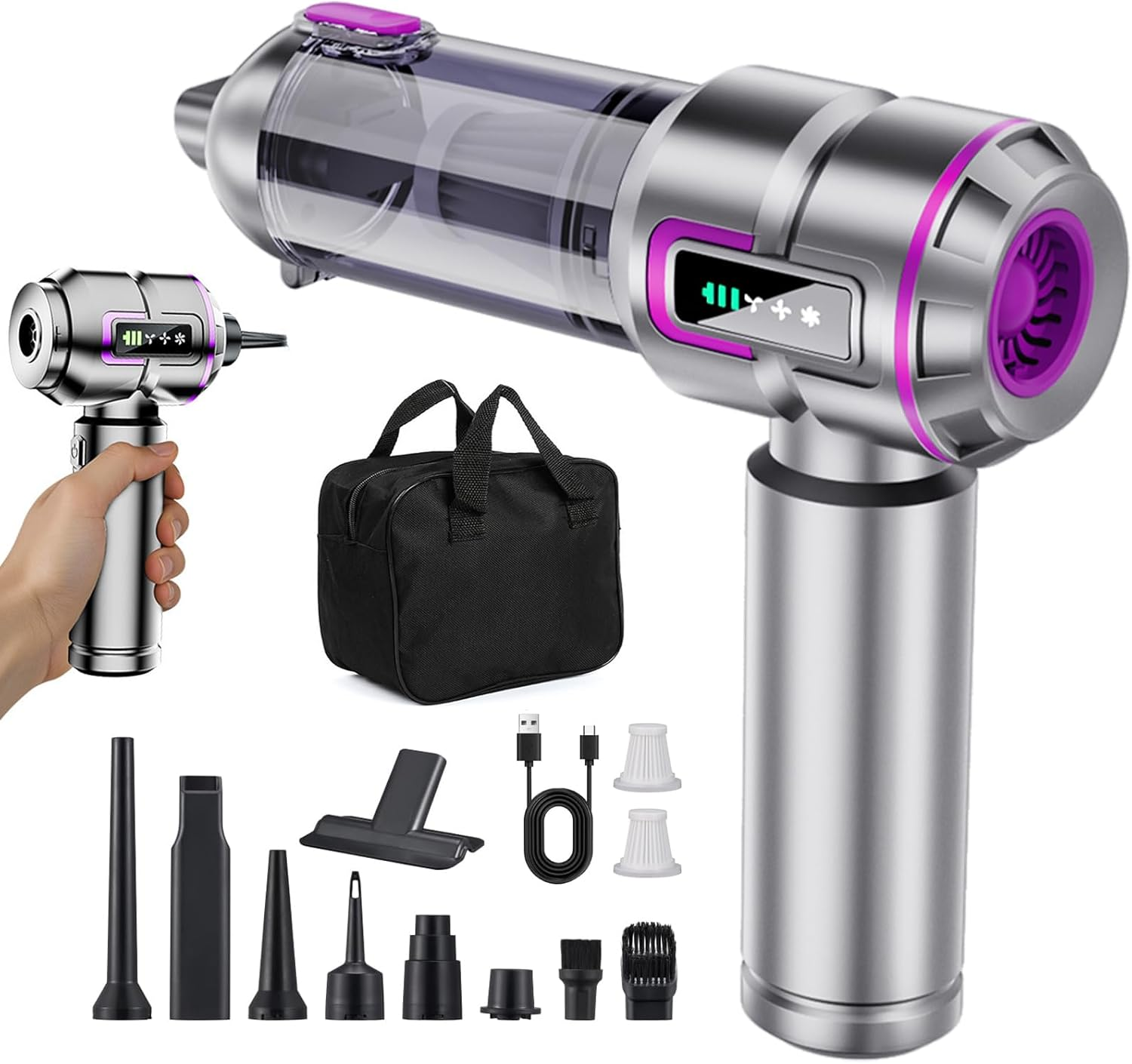 Car Vacuum Cleaner Cordless with Battery Display, 23000PA Mini Handheld Vacuum Cleaner, 4-In-1 Compressed Air Duster & Air Blower & Pump Hand Held Vacuum with Brushless Motor for Car, Home, Office image number 2