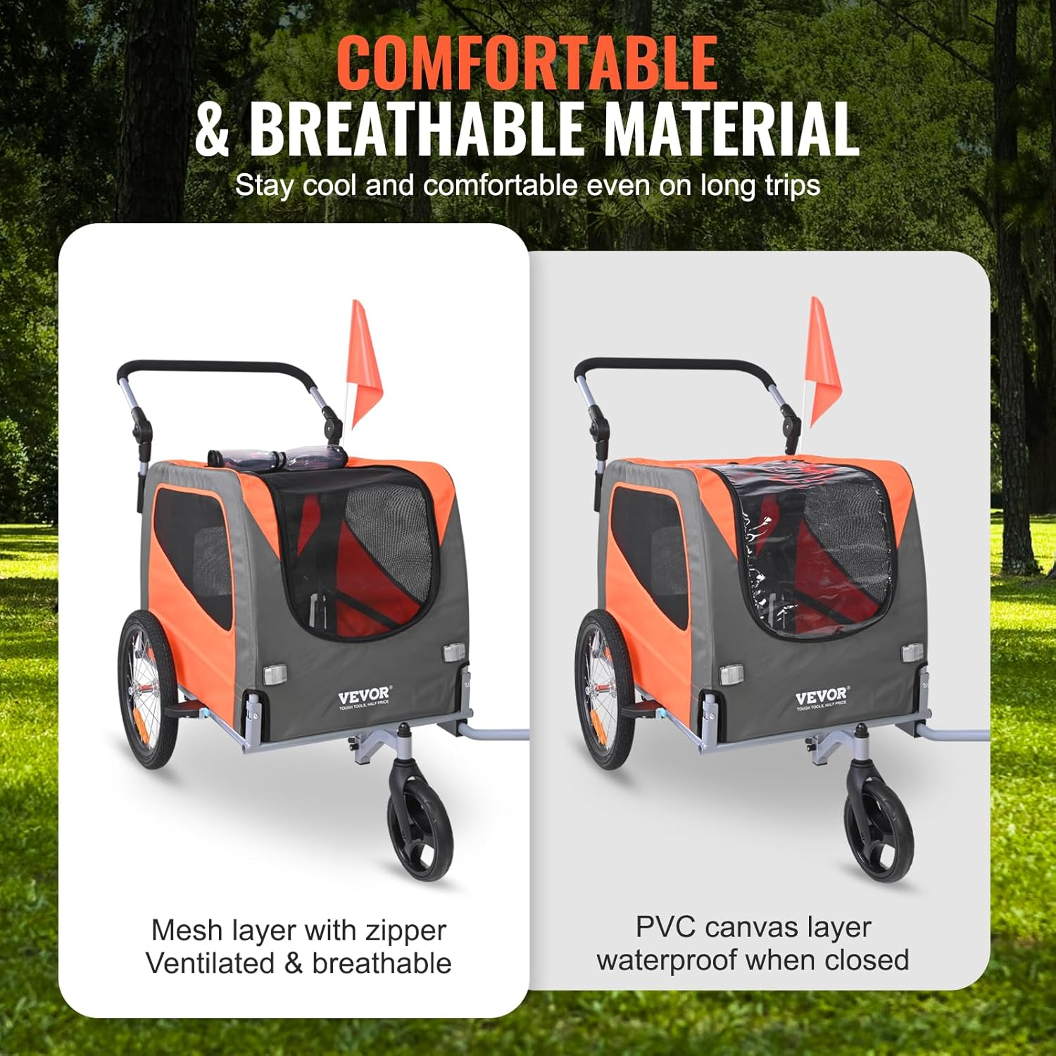 VEVOR Dog Bike Trailer, Supports up to 66/88/100 Lbs, 2-In-1 Pet Stroller Cart Bicycle Carrier, Easy Folding Cart Frame with Quick Release Wheels, Universal Bicycle Coupler, Reflectors, Flag image number 6