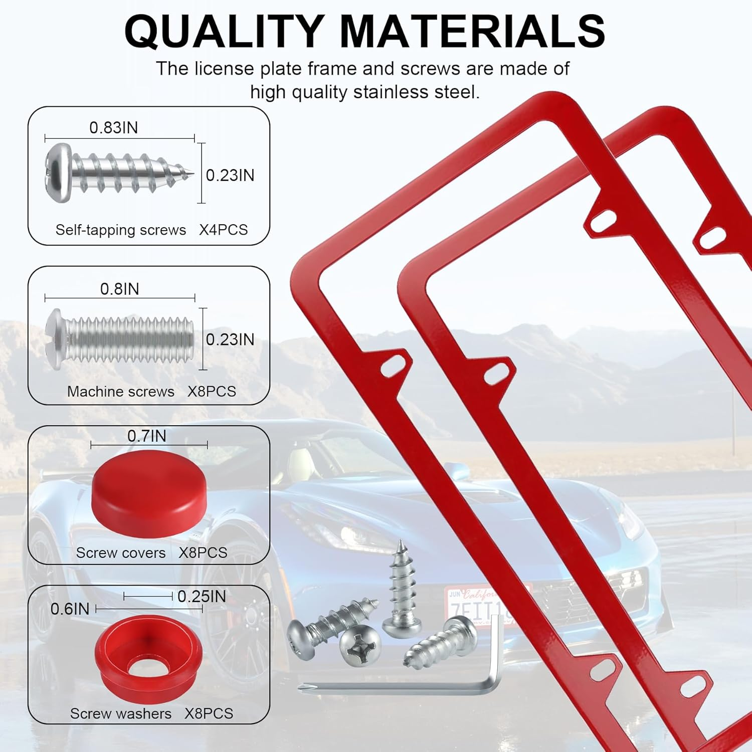 Livtee 4 Holes Stainless Steel License Plate Frames, 2 PCS Car Licence Plate Covers, Automotive Exterior Accessories Slim Design with Bolts Washer Caps for US Vehicles, Red image number 2