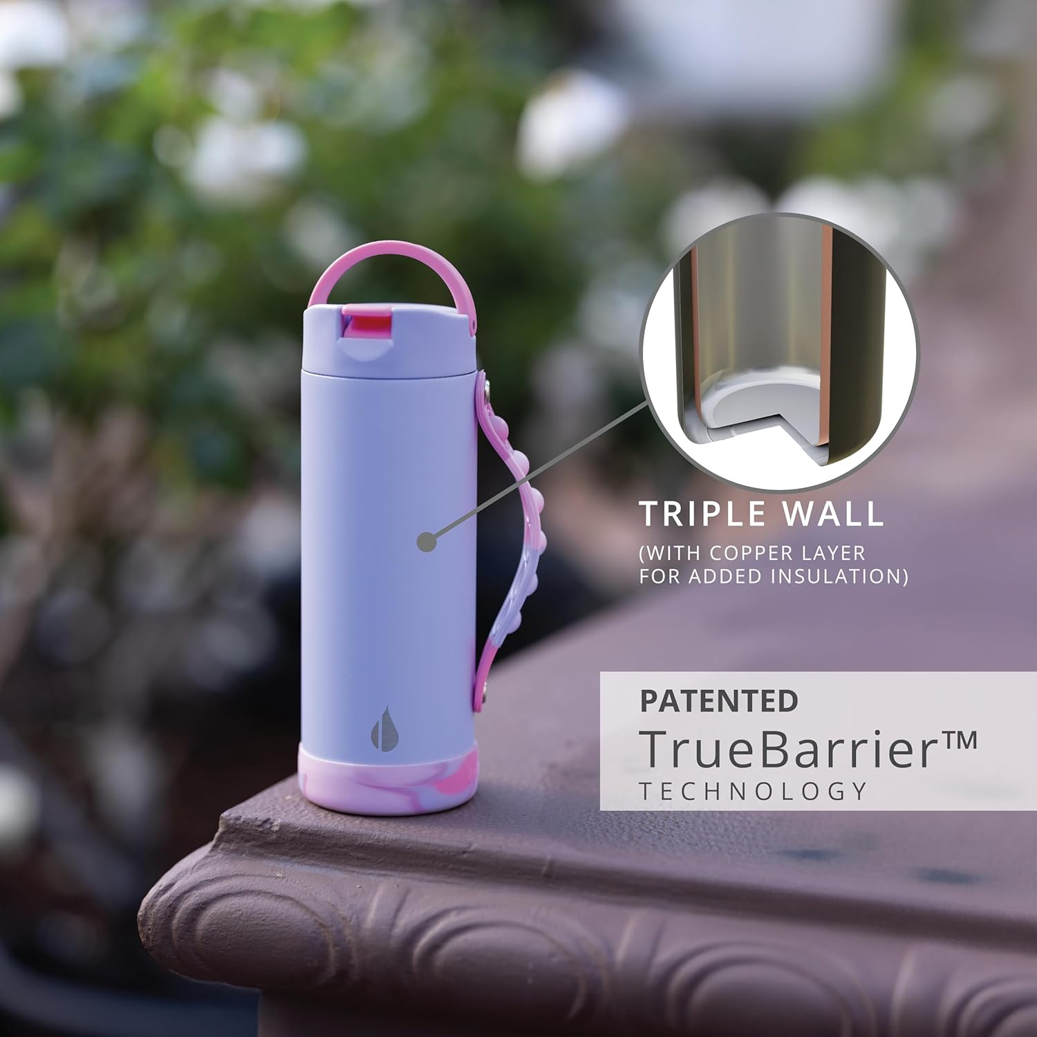 Elemental Iconic Kids Water Bottle - Leak Proof Insulated Water Bottle with Straw Lid & Stress Relief Pop It Handle - Stainless Steel Triple Wall Bottle for School, Bpa-Free, 414Ml - Lilac Tie Dye image number 2