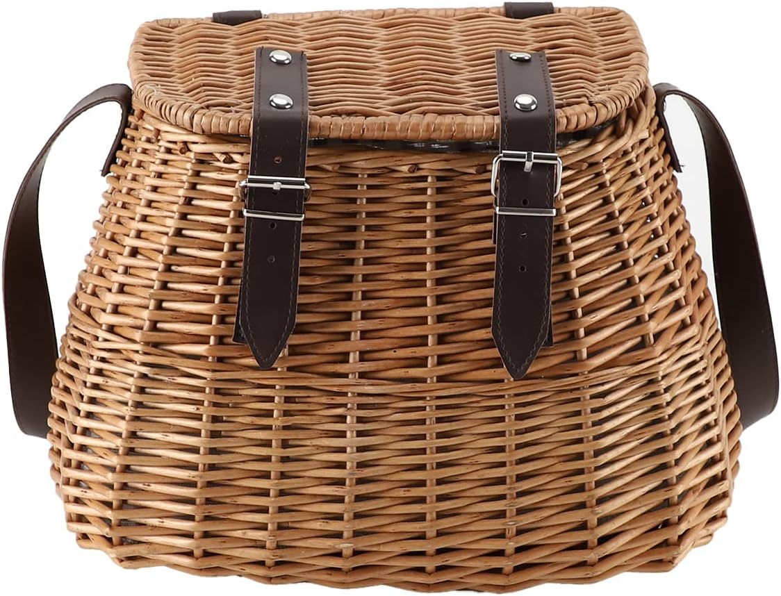 Wicker Picnic Basket, Fishing Creel Basket, Carrying Gift Basket with Lid and Shoulder Strap image number 1