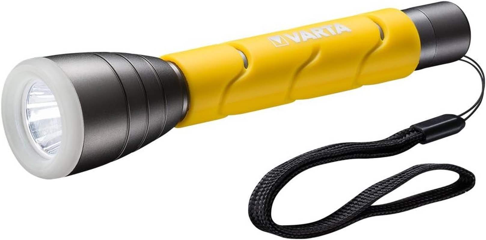 VARTA Outdoor Sports F20 LED Torch with 2 X AA Batteries, Light with Two Light Modes, Torch with Rubberised Handle, Very Robust, Yellow