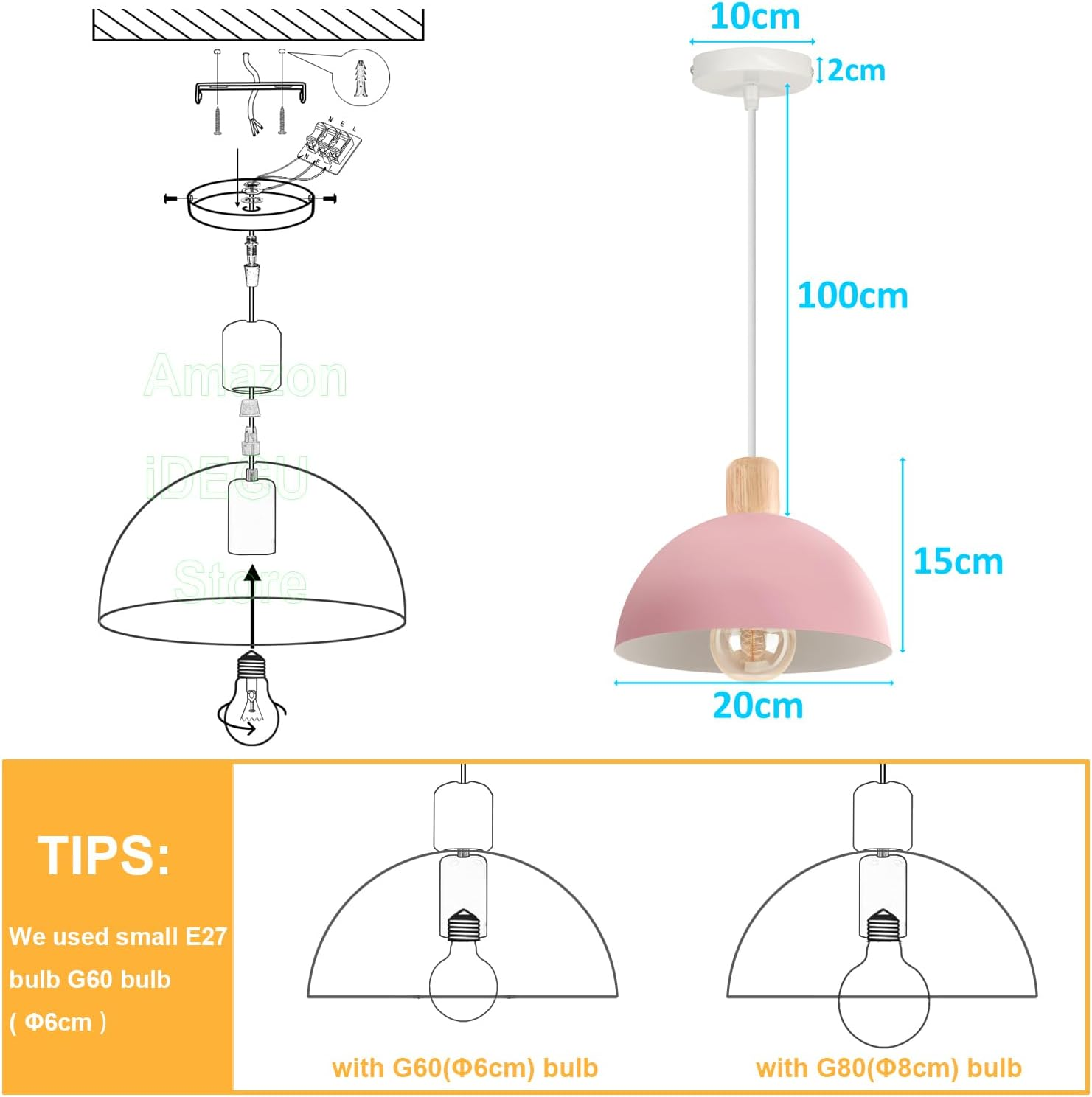 Idegu Diameter 20 Cm Pendant Lamp Retro E27 LED Pendant Light Modern Scandinavian Ceiling Light Made of Metal Wood Pendant Light for Bedroom Dining Room Kitchen Restaurant (Pink, 1 Piece) image number 6