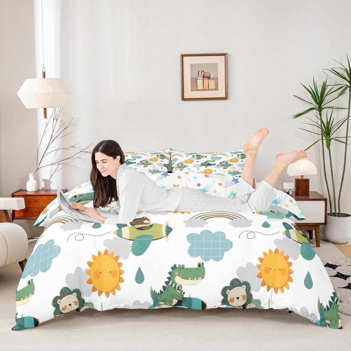 Manfei Chinese Style Duvet Cover Set Twin Size, Watercolor Butterfly Flower Comforter Cover with 1 Pillowcase, Ink Painting Mountain Bedding Set 2Pcs for Kids Boys Girls Lightweight Bedspread Cover