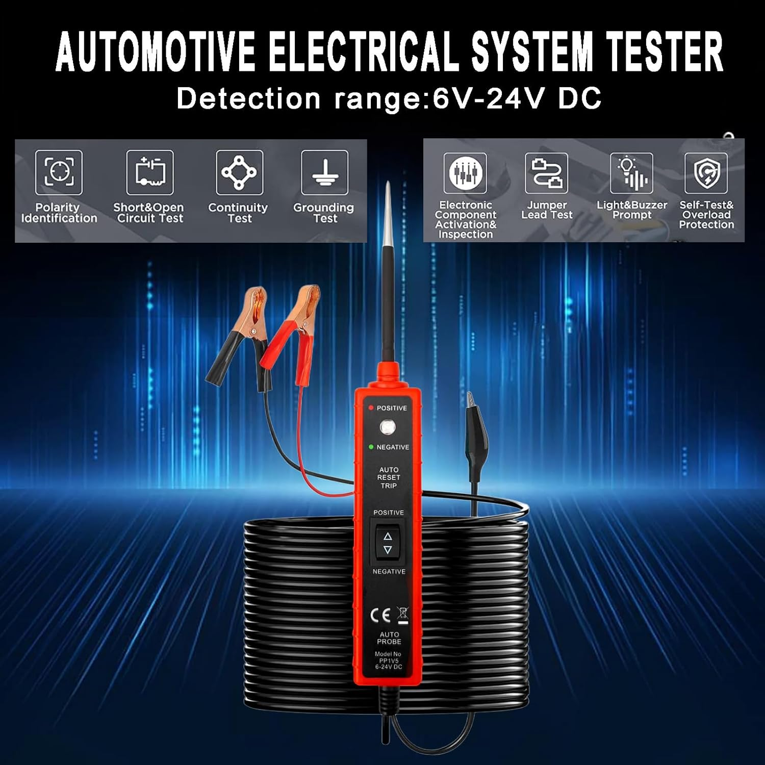 Car Power Circuit Probe Tester, 6-24V DC Short Circuit Tester Component Activation Electrical Polarity Identify Continuity Tester with LED Light, Buzzer Warning,13Ft Long Test Lead image number 4