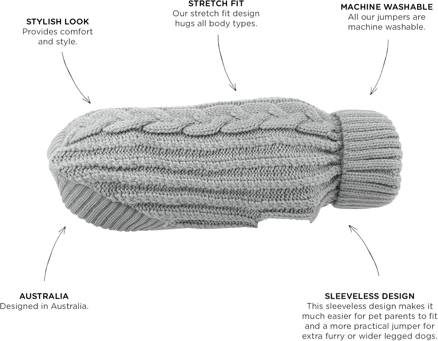 Huskimo Dog Jumper Cali Knit Fog Grey 33Cm &ndash; Cable Knit Dog Sweater, Sleeveless Fit, Stretch Belly, Machine Washable image number 2