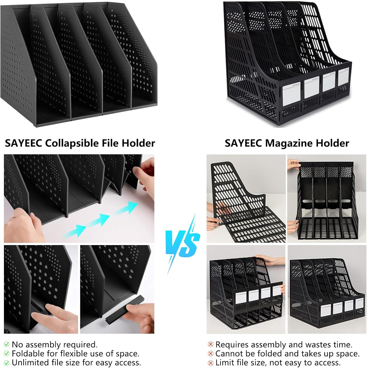 SAYEEC Collapsible File Organizer Magazine Holder Desktop 4 Compartment File Holder Plastic Divider Sorter Adjustable Stand Office Document Organizer Storage Bins Home School File Box (Black)